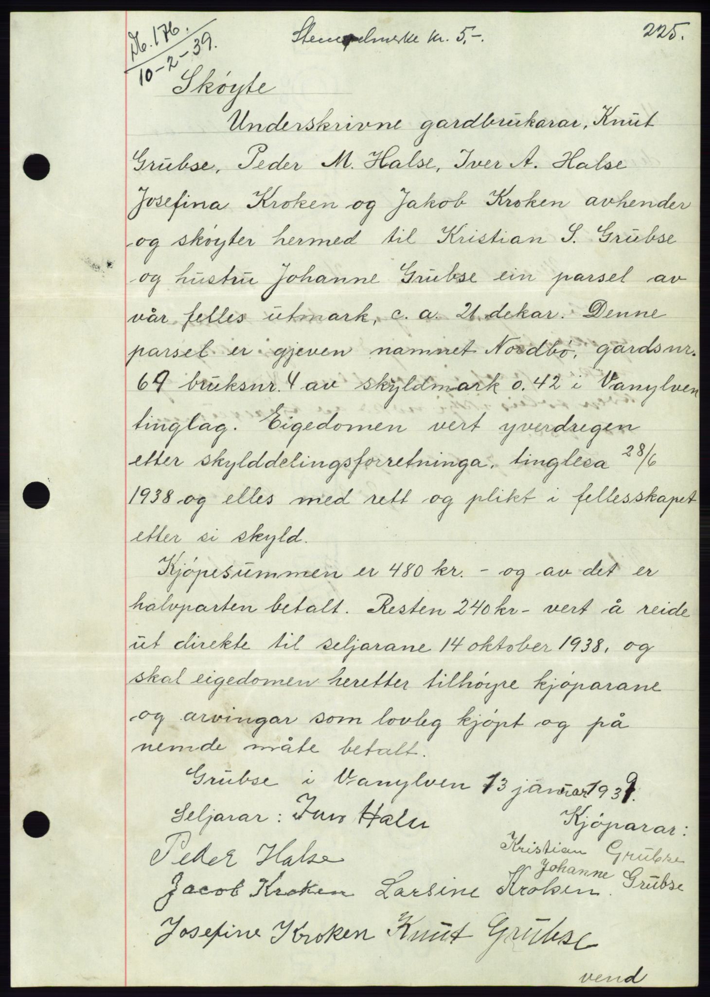 Søre Sunnmøre sorenskriveri, AV/SAT-A-4122/1/2/2C/L0067: Mortgage book no. 61, 1938-1939, Diary no: : 176/1939