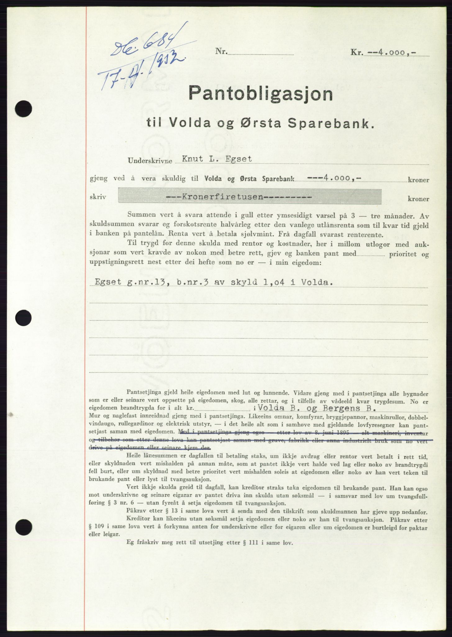 Søre Sunnmøre sorenskriveri, AV/SAT-A-4122/1/2/2C/L0121: Mortgage book no. 9B, 1951-1952, Diary no: : 684/1952