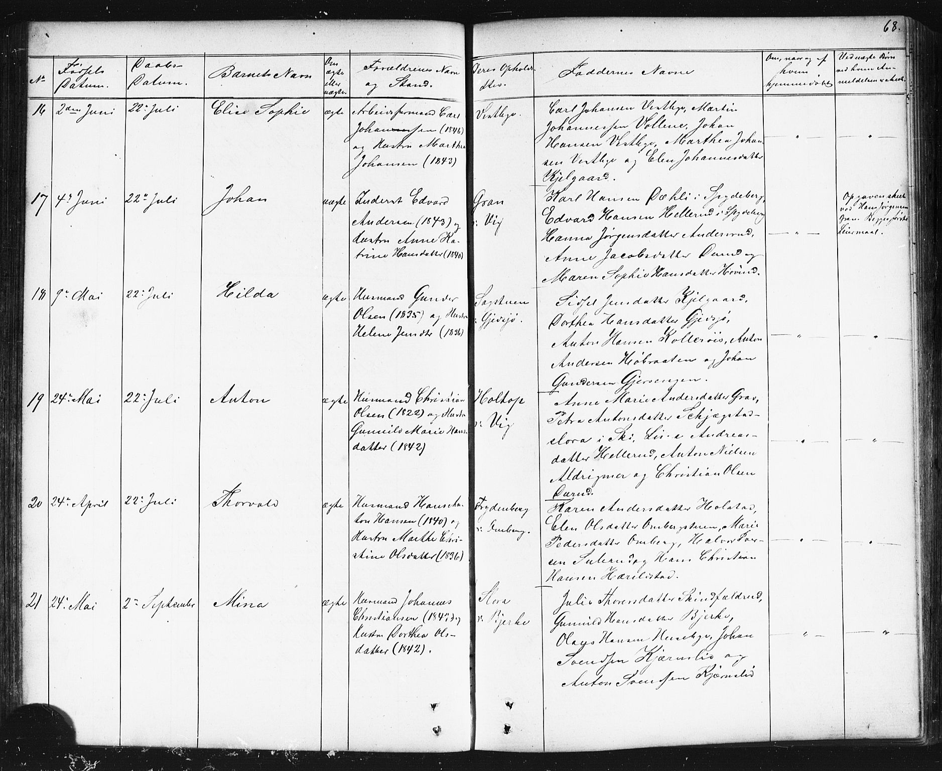 Enebakk prestekontor Kirkebøker, SAO/A-10171c/G/Gb/L0001: Parish register (copy) no. II 1, 1859-1890, p. 68