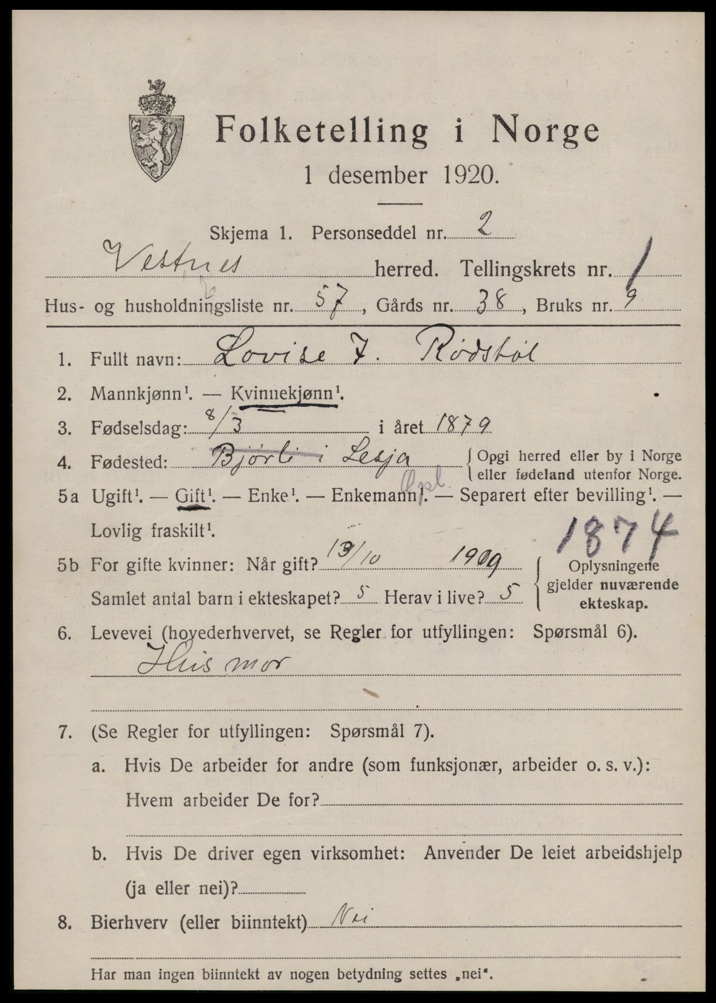 SAT, 1920 census for Vestnes, 1920, p. 1901