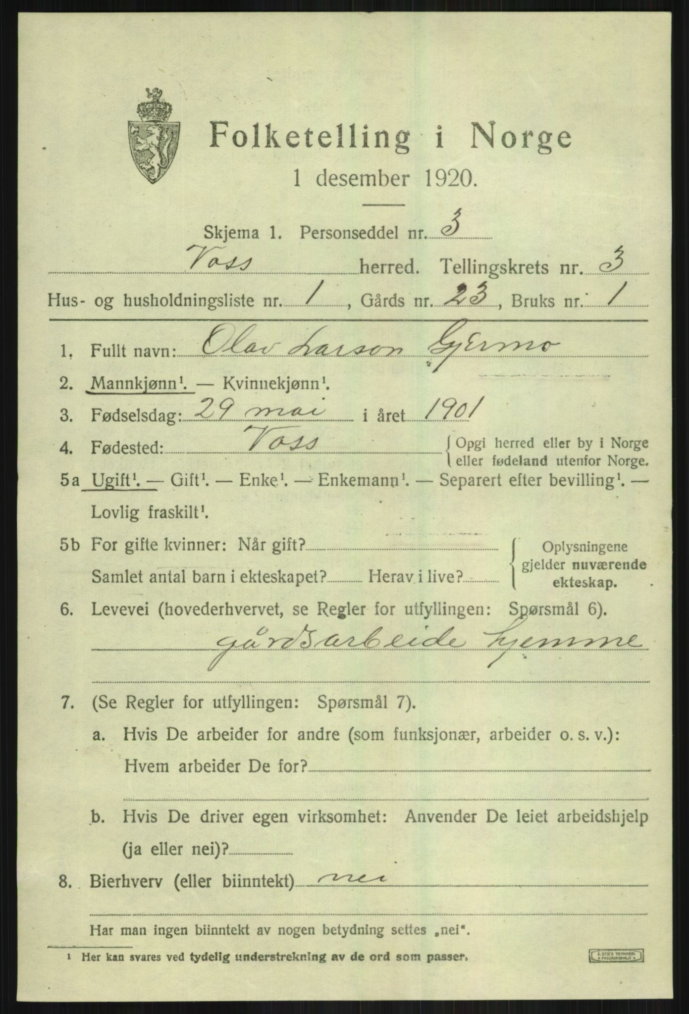 SAB, 1920 census for Voss, 1920, p. 3971