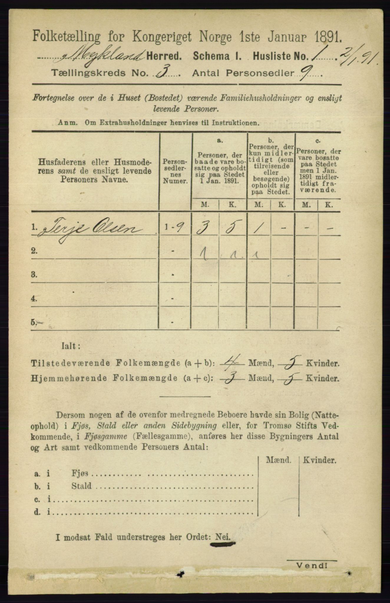 RA, 1891 census for 0932 Mykland, 1891, p. 526