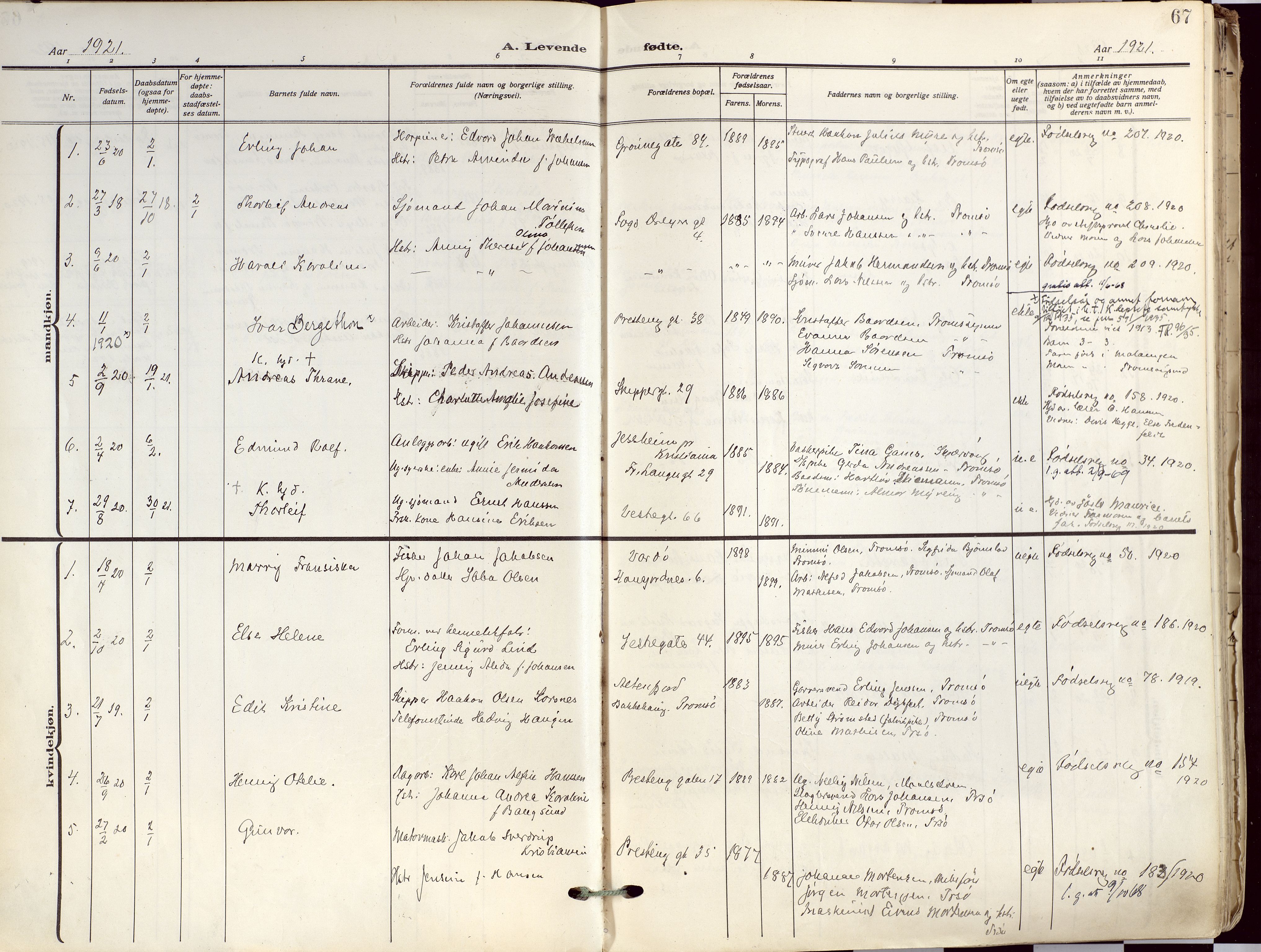 Tromsø sokneprestkontor/stiftsprosti/domprosti, SATØ/S-1343/G/Ga/L0019kirke: Parish register (official) no. 19, 1917-1927, p. 67