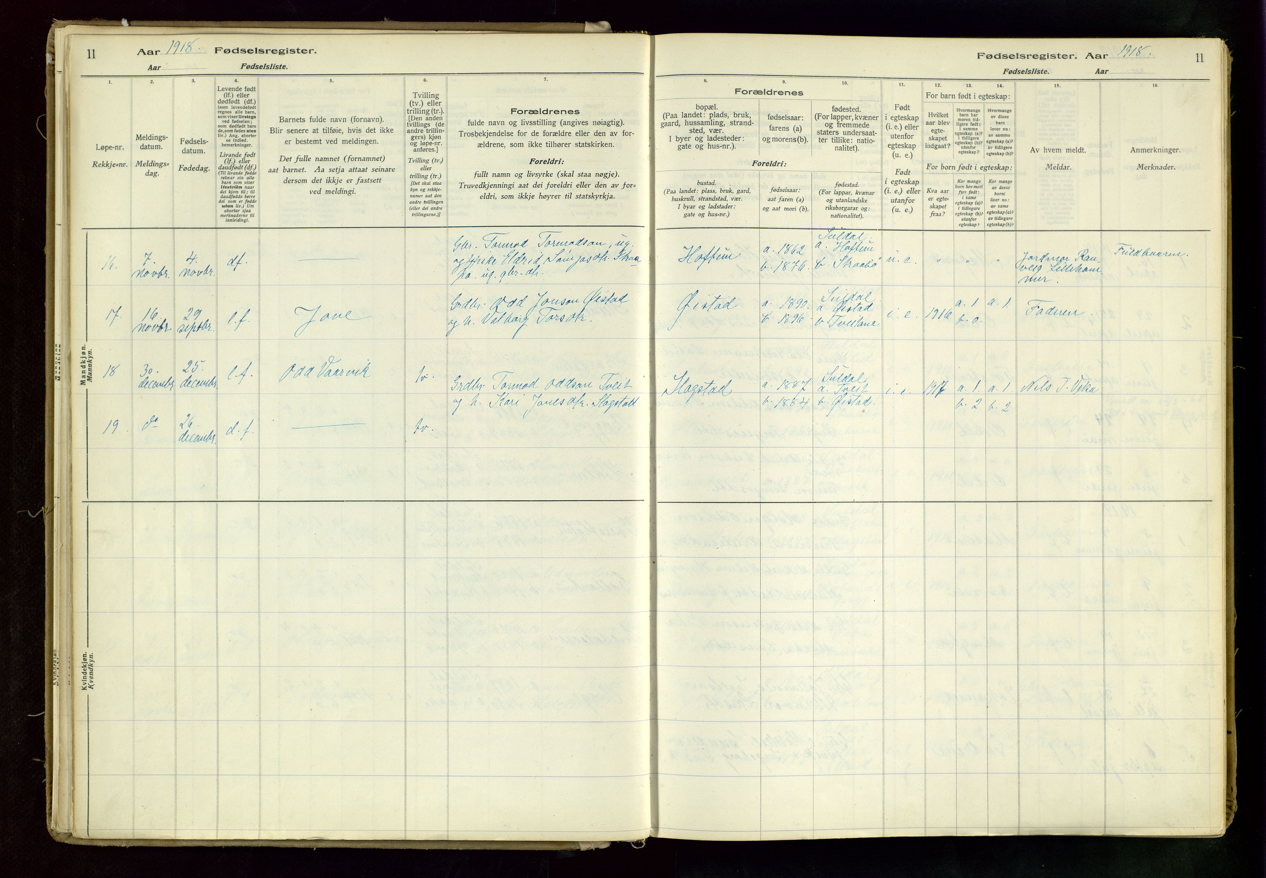 Suldal sokneprestkontor, AV/SAST-A-101845/03/A/L0002: Birth register no. 2, 1916-1982, p. 11