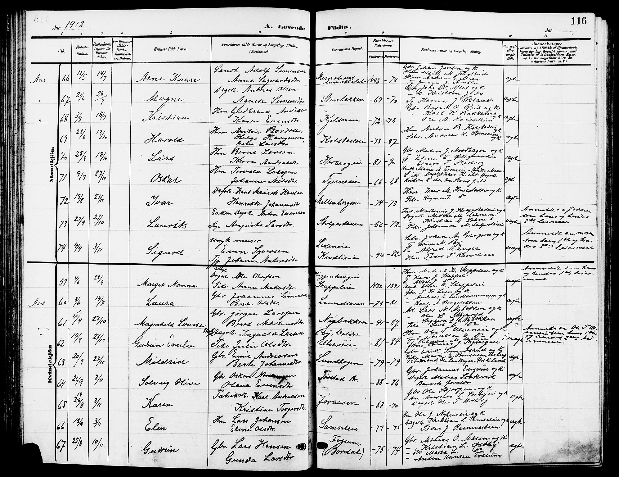 Ringsaker prestekontor, SAH/PREST-014/L/La/L0015: Parish register (copy) no. 15, 1903-1912, p. 116