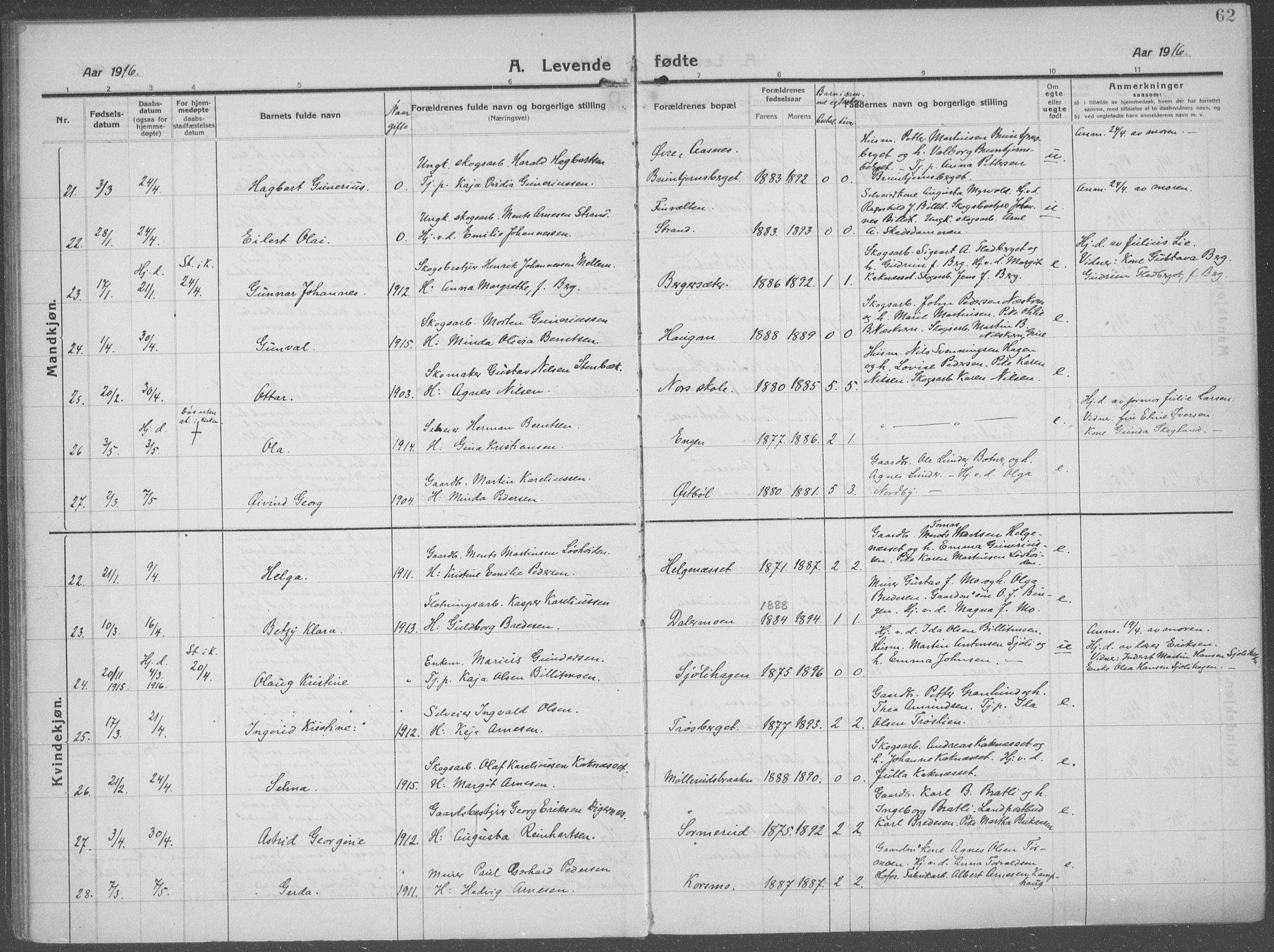 Brandval prestekontor, AV/SAH-PREST-034/H/Ha/Haa/L0004: Parish register (official) no. 4, 1910-1924, p. 62