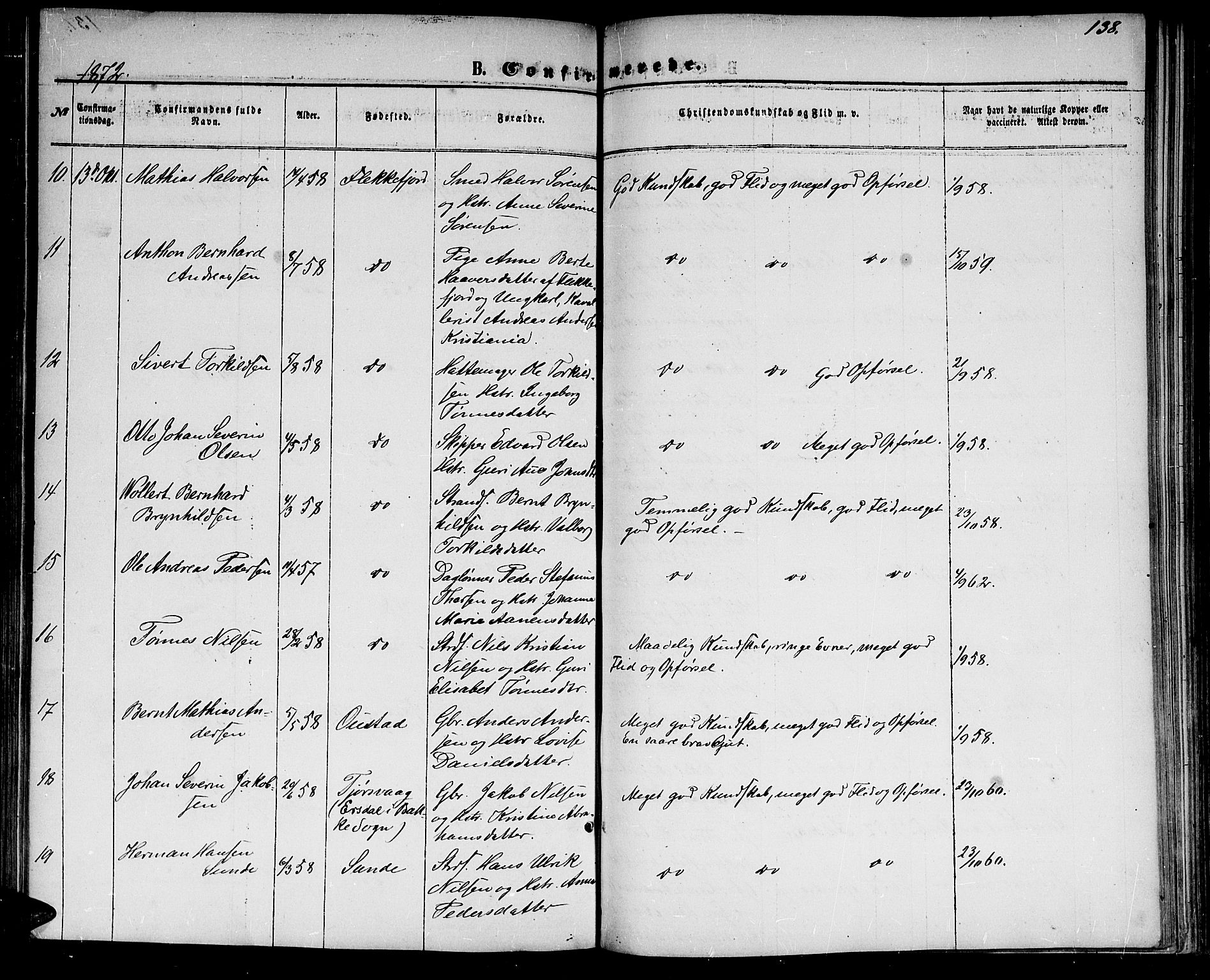 Flekkefjord sokneprestkontor, SAK/1111-0012/F/Fb/Fbc/L0006: Parish register (copy) no. B 6, 1866-1879, p. 138
