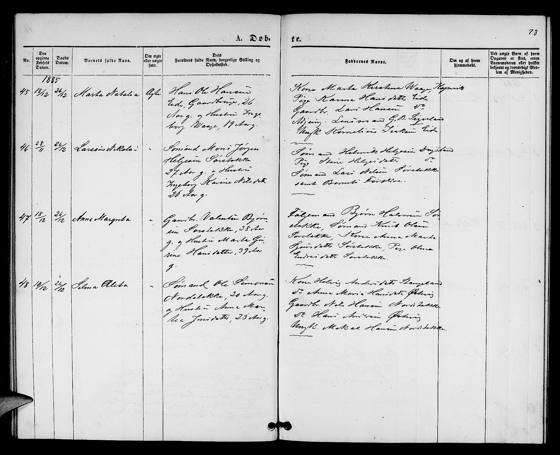 Kopervik sokneprestkontor, SAST/A-101850/H/Ha/Hab/L0001: Parish register (copy) no. B 1, 1877-1891, p. 73