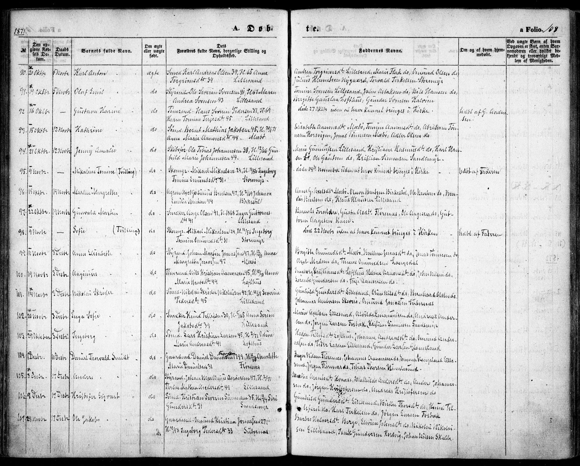 Vestre Moland sokneprestkontor, SAK/1111-0046/F/Fa/Fab/L0007: Parish register (official) no. A 7, 1859-1872, p. 108