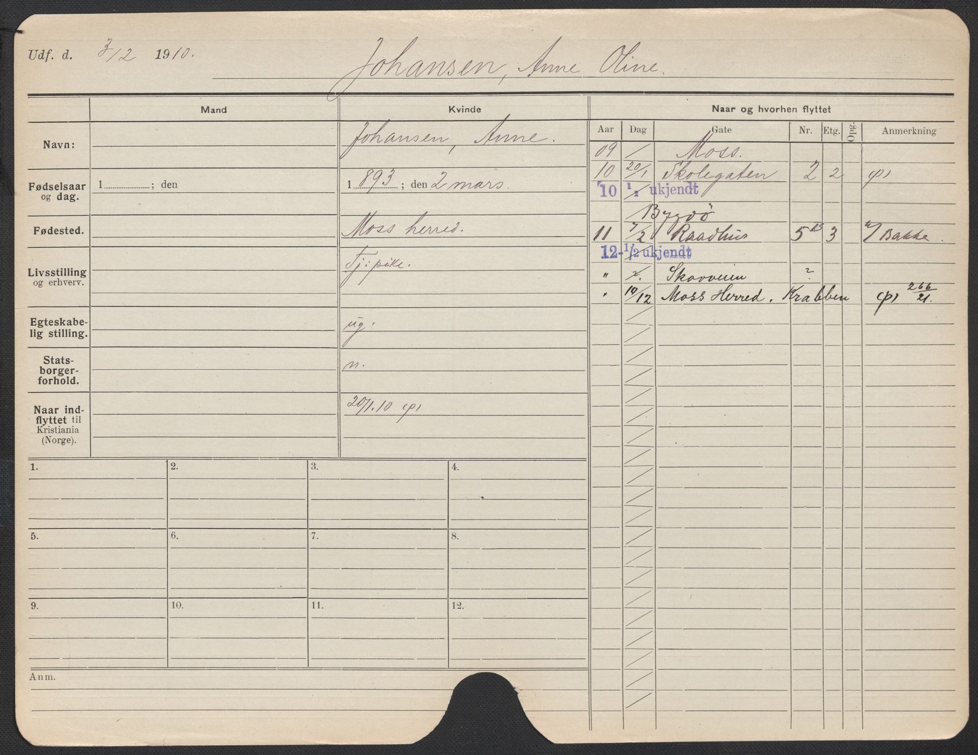 Oslo folkeregister, Registerkort, AV/SAO-A-11715/F/Fa/Fac/L0017: Kvinner, 1906-1914, p. 651a