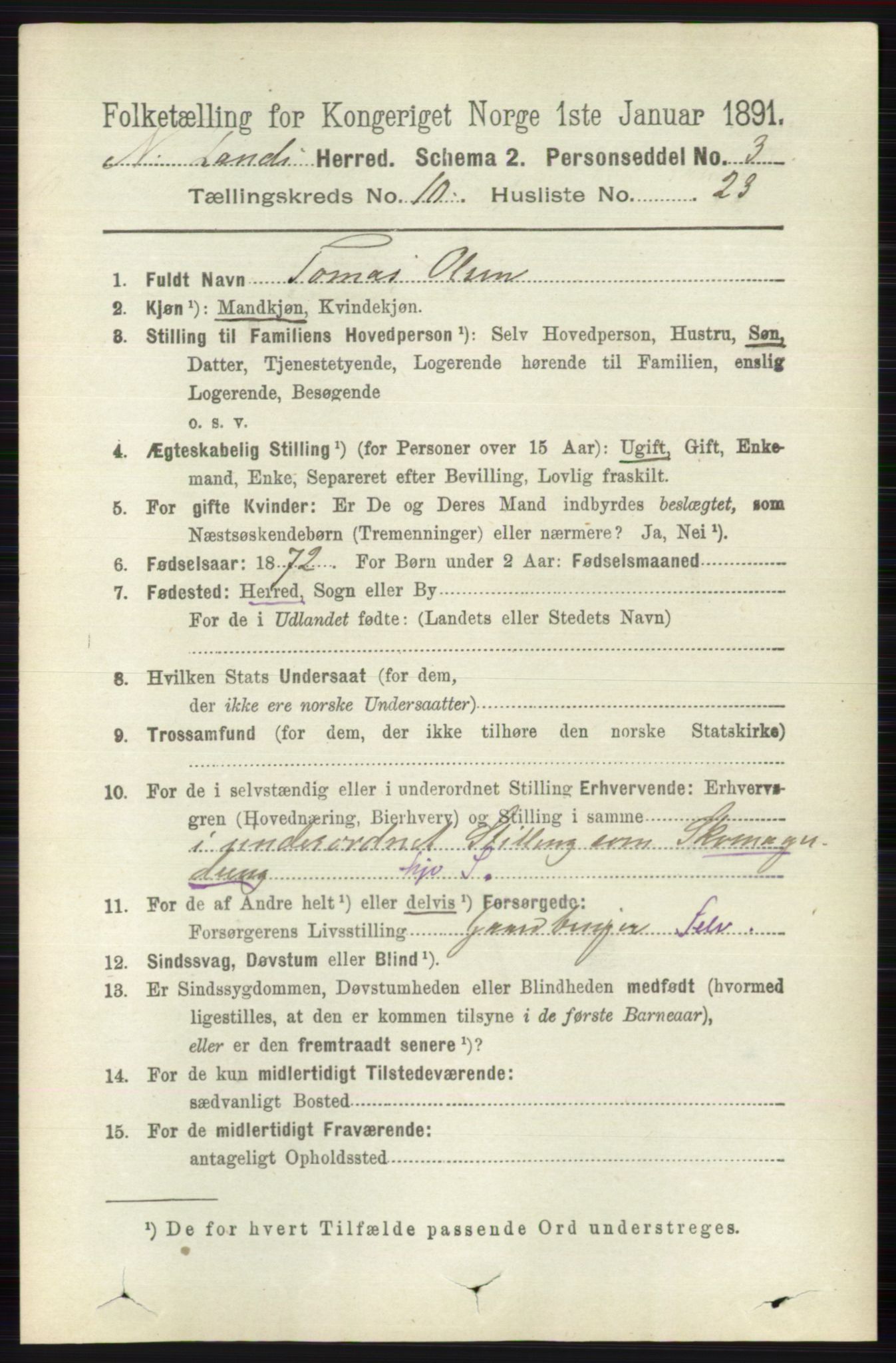 RA, 1891 census for 0538 Nordre Land, 1891, p. 2933