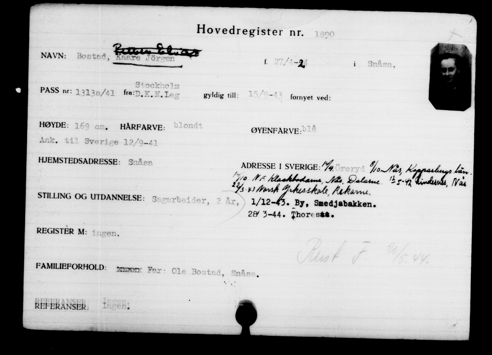 Den Kgl. Norske Legasjons Flyktningskontor, AV/RA-S-6753/V/Va/L0002: Kjesäterkartoteket.  Flyktningenr. 1001-2000, 1940-1945, p. 1268