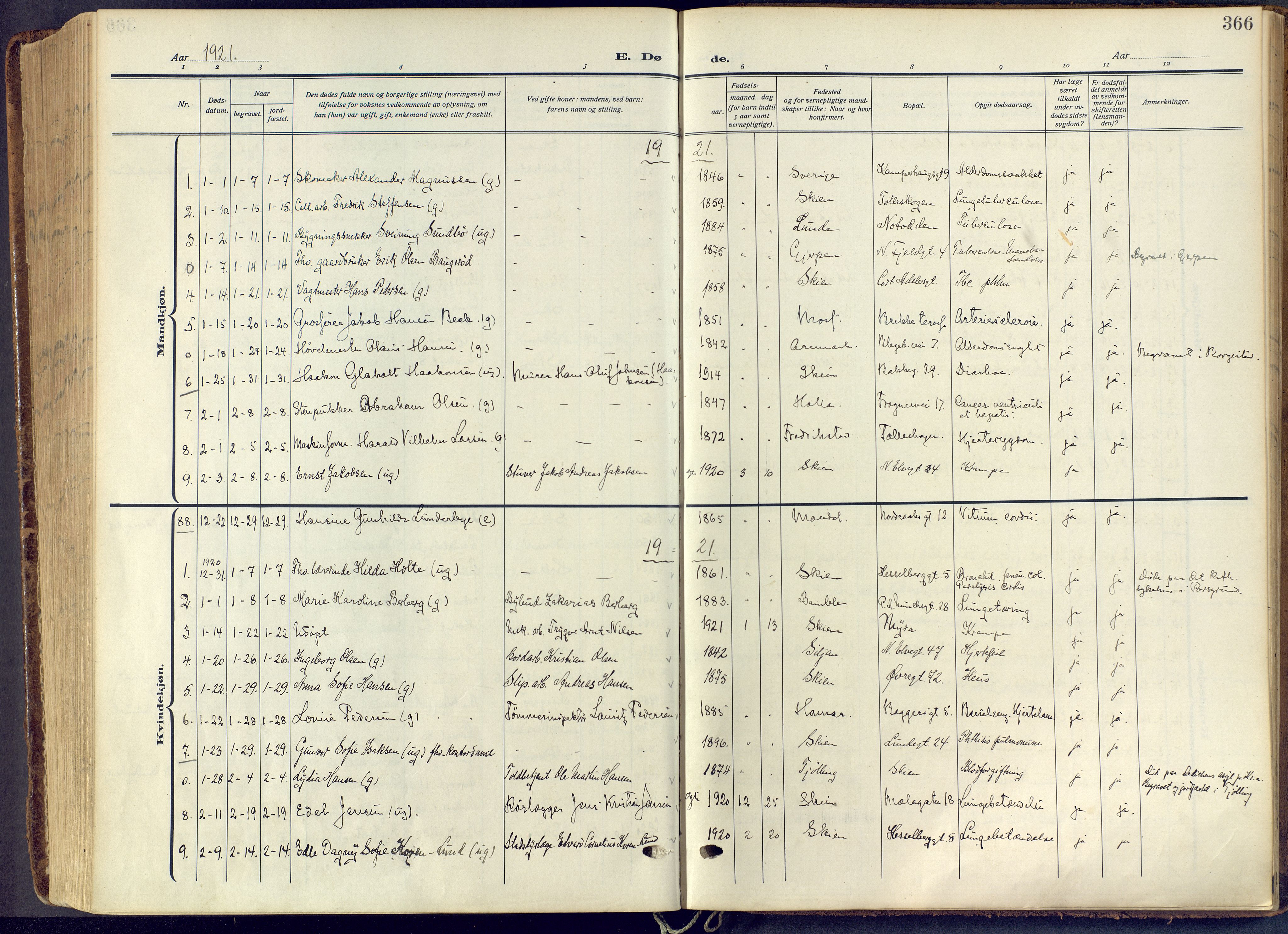 Skien kirkebøker, AV/SAKO-A-302/F/Fa/L0013: Parish register (official) no. 13, 1915-1921, p. 366