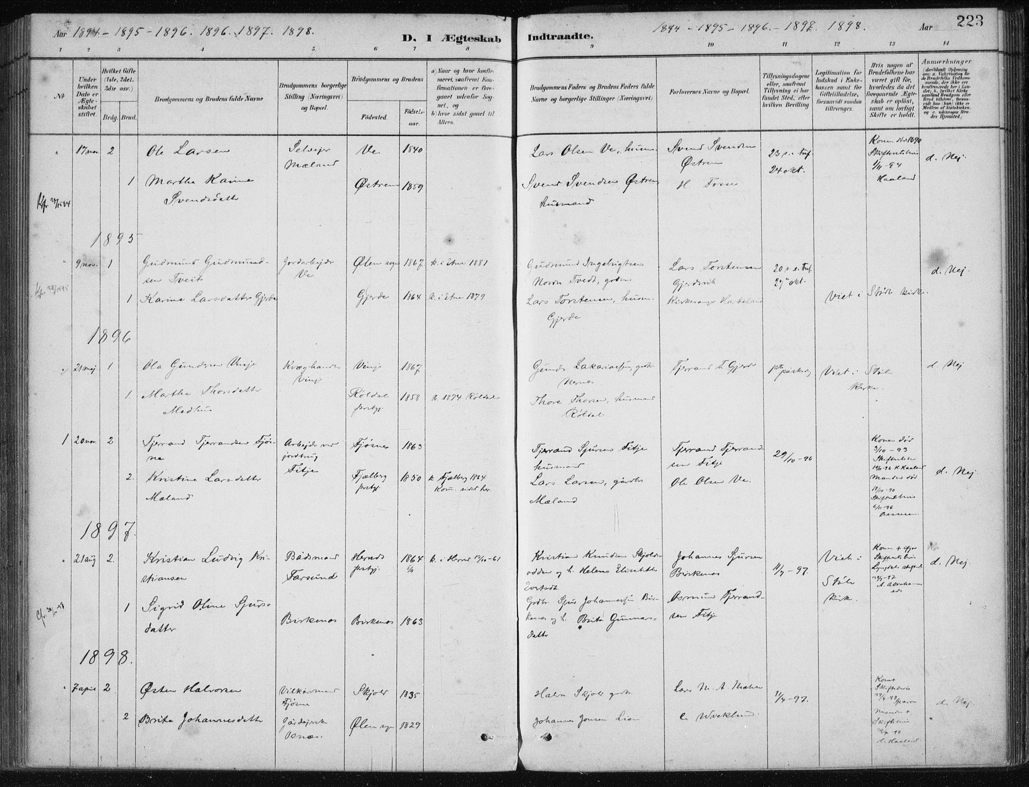 Etne sokneprestembete, AV/SAB-A-75001/H/Haa: Parish register (official) no. C  1, 1879-1919, p. 223