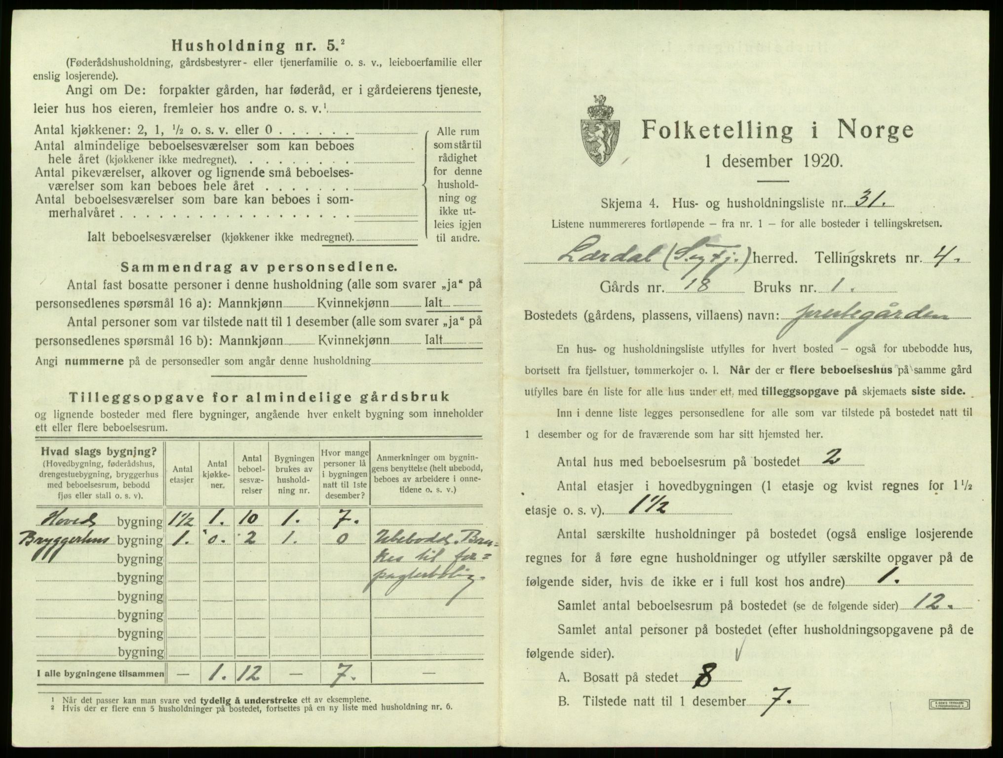 SAB, 1920 census for Lærdal, 1920, p. 374