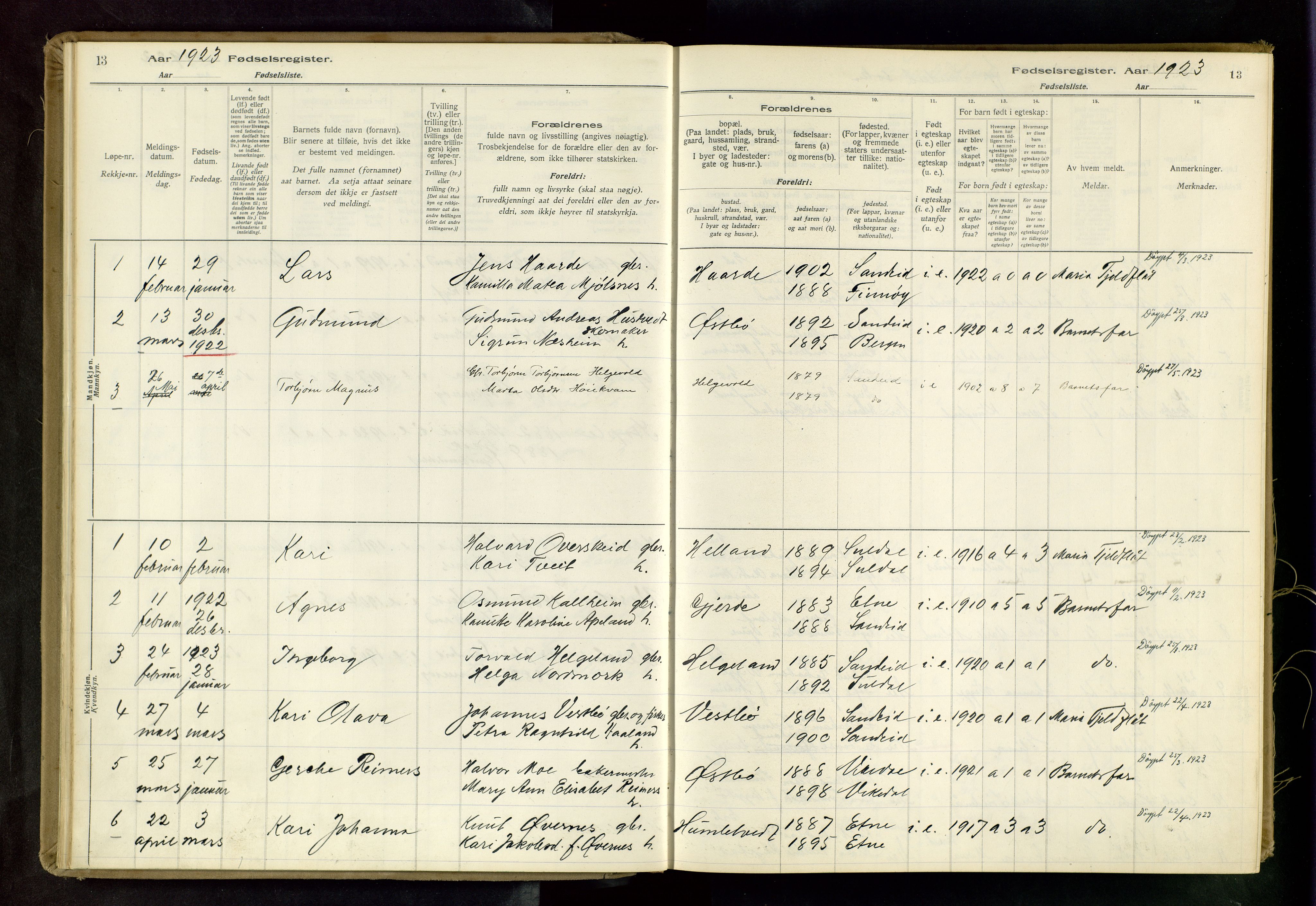 Vikedal sokneprestkontor, AV/SAST-A-101840/01/II: Birth register no. 4, 1916-1982, p. 13