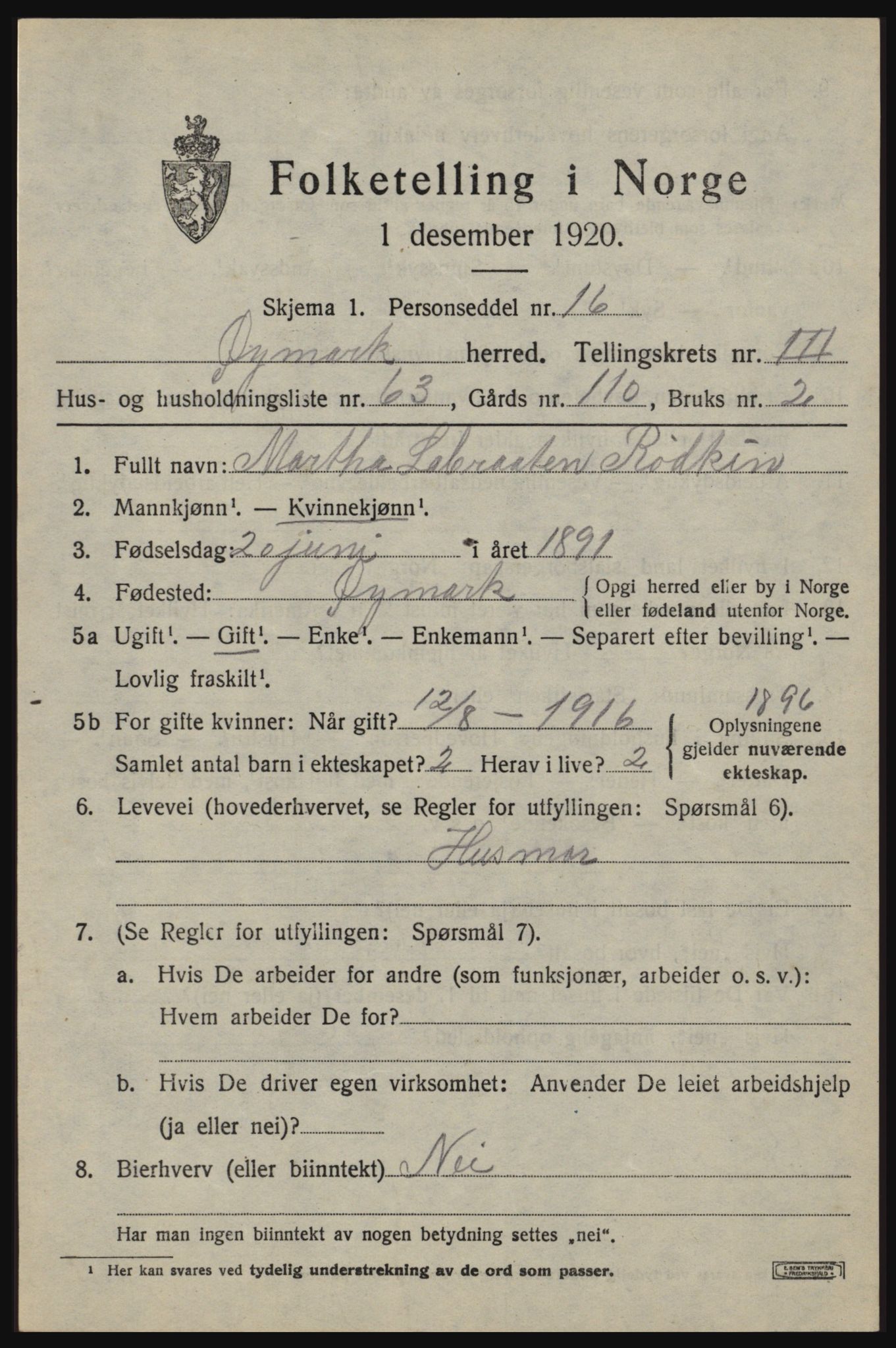 SAO, 1920 census for Øymark, 1920, p. 3095