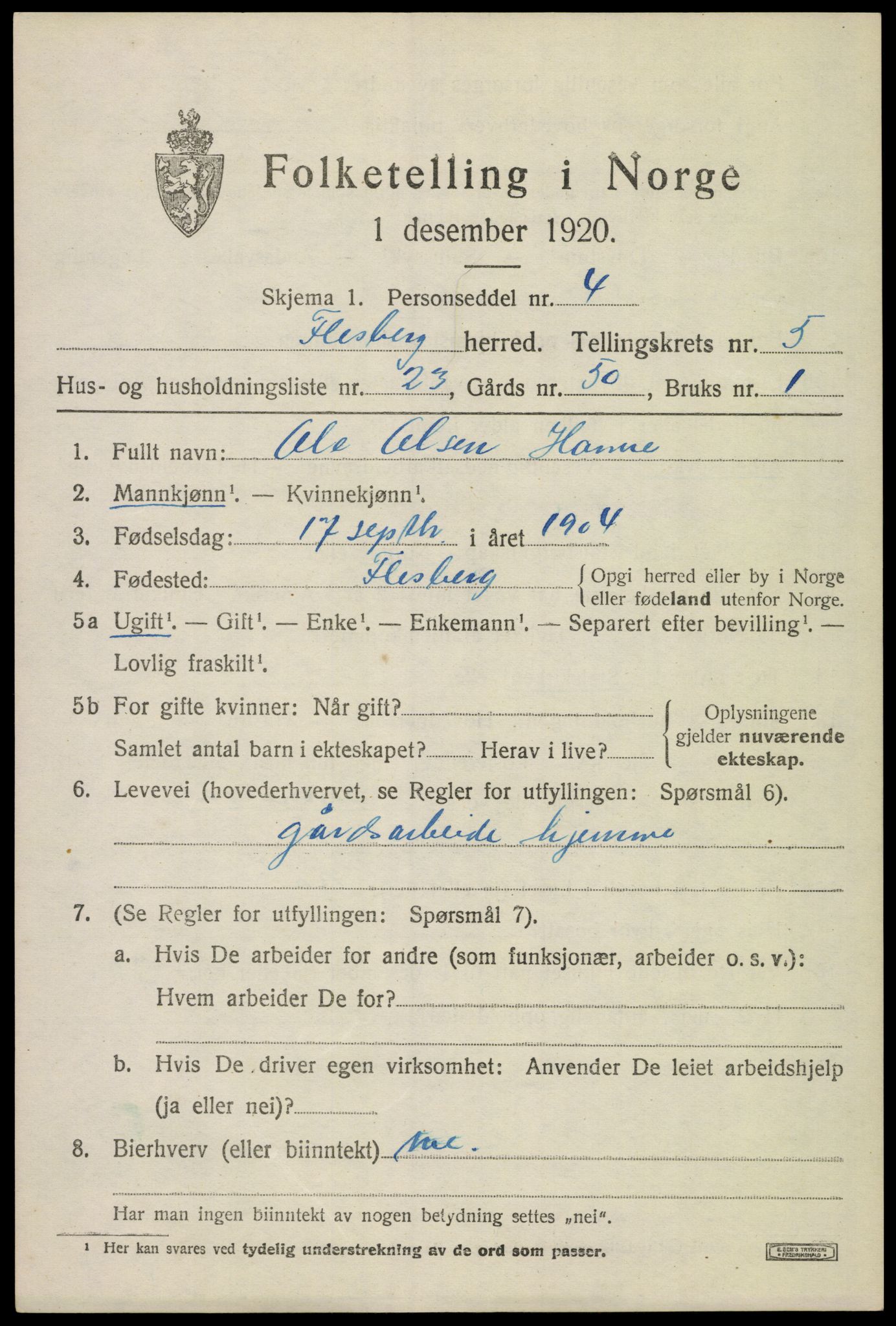 SAKO, 1920 census for Flesberg, 1920, p. 2611