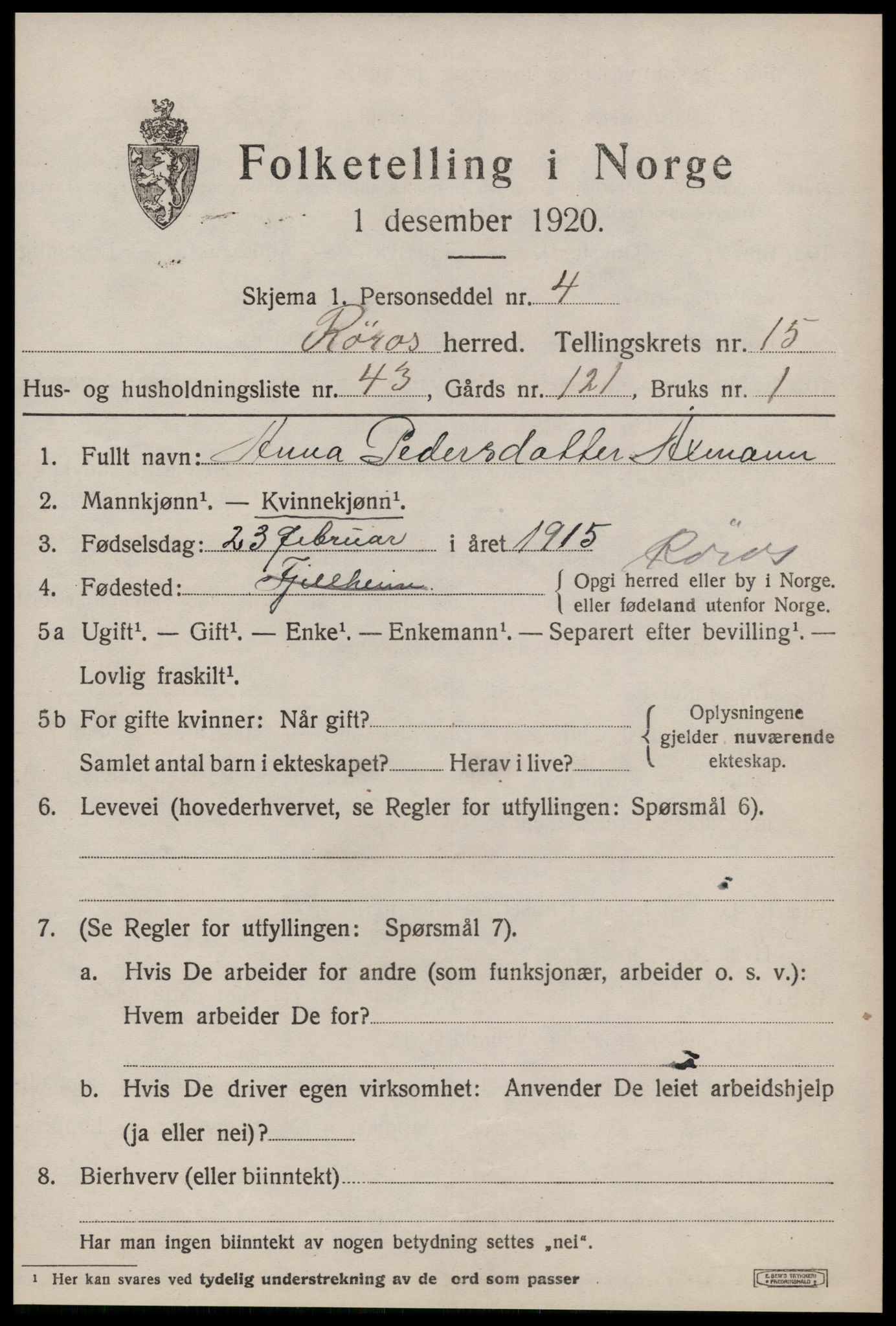 SAT, 1920 census for Røros, 1920, p. 10908