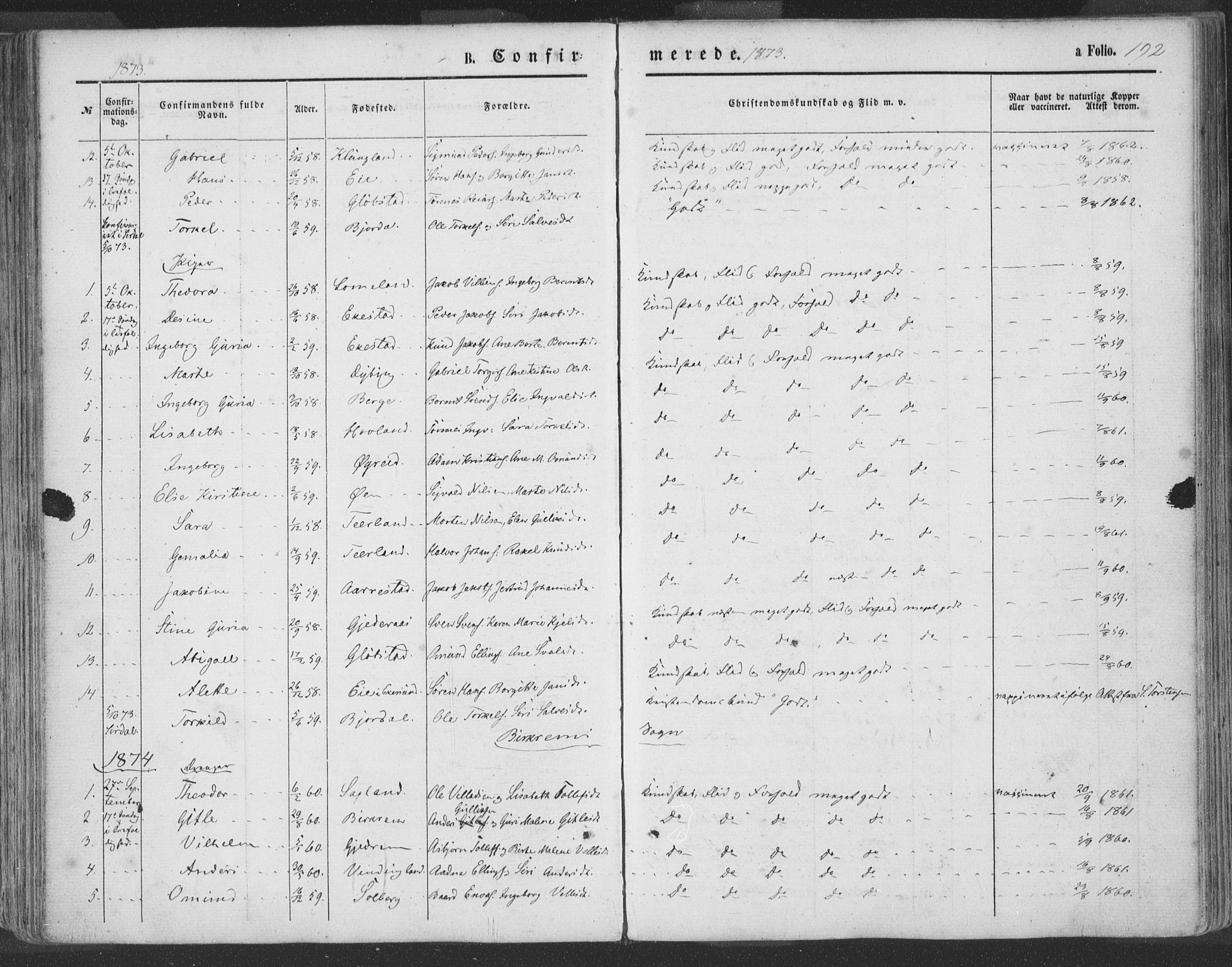 Helleland sokneprestkontor, AV/SAST-A-101810: Parish register (official) no. A 7.1, 1863-1886, p. 192