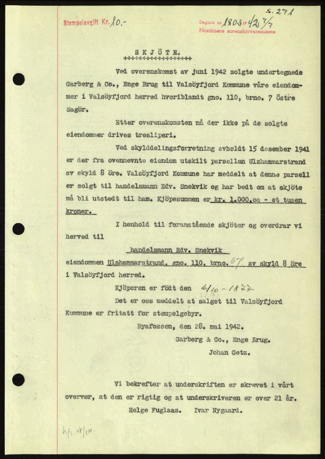 Nordmøre sorenskriveri, AV/SAT-A-4132/1/2/2Ca: Mortgage book no. A93, 1942-1942, Diary no: : 1803/1942