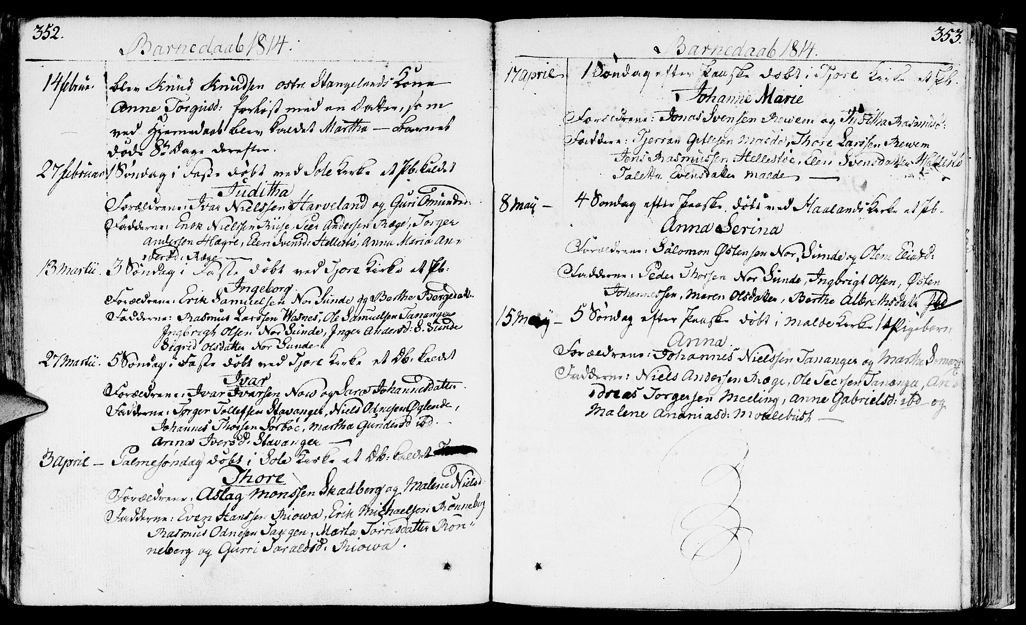 Håland sokneprestkontor, SAST/A-101802/001/30BA/L0003: Parish register (official) no. A 3, 1794-1815, p. 352-353