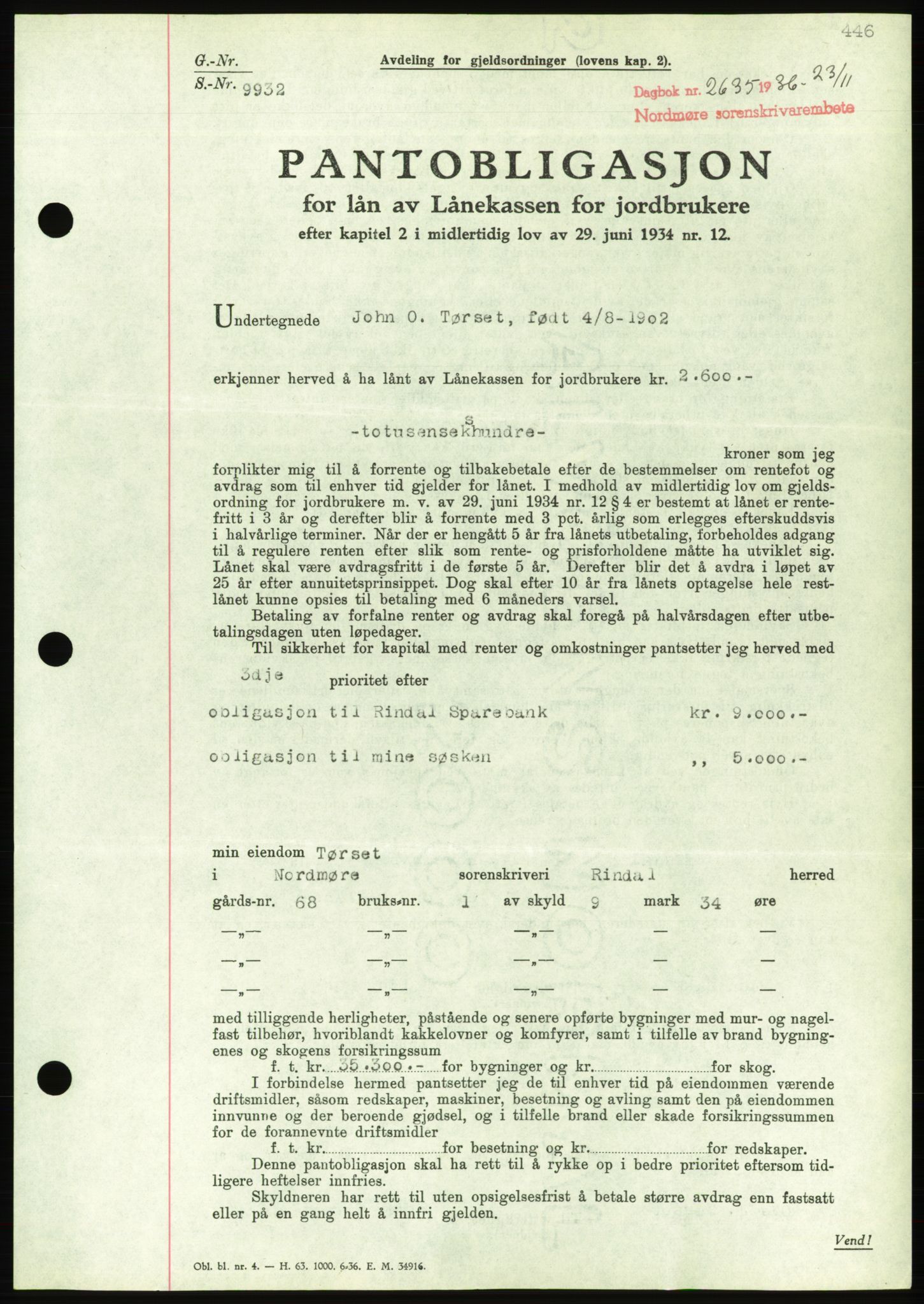 Nordmøre sorenskriveri, AV/SAT-A-4132/1/2/2Ca/L0090: Mortgage book no. B80, 1936-1937, Diary no: : 2635/1936