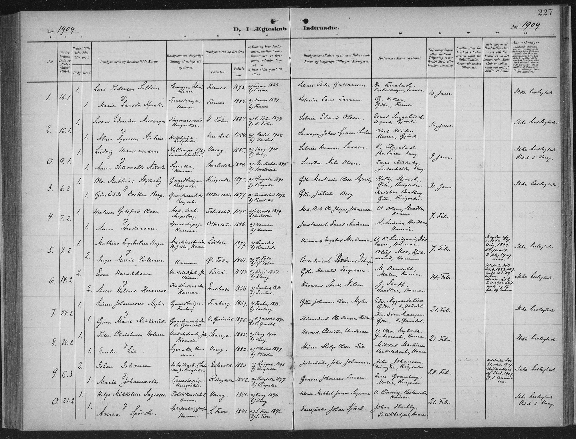 Hamar prestekontor, AV/SAH-DOMPH-002/H/Ha/Haa/L0001: Parish register (official) no. 1, 1900-1914, p. 227