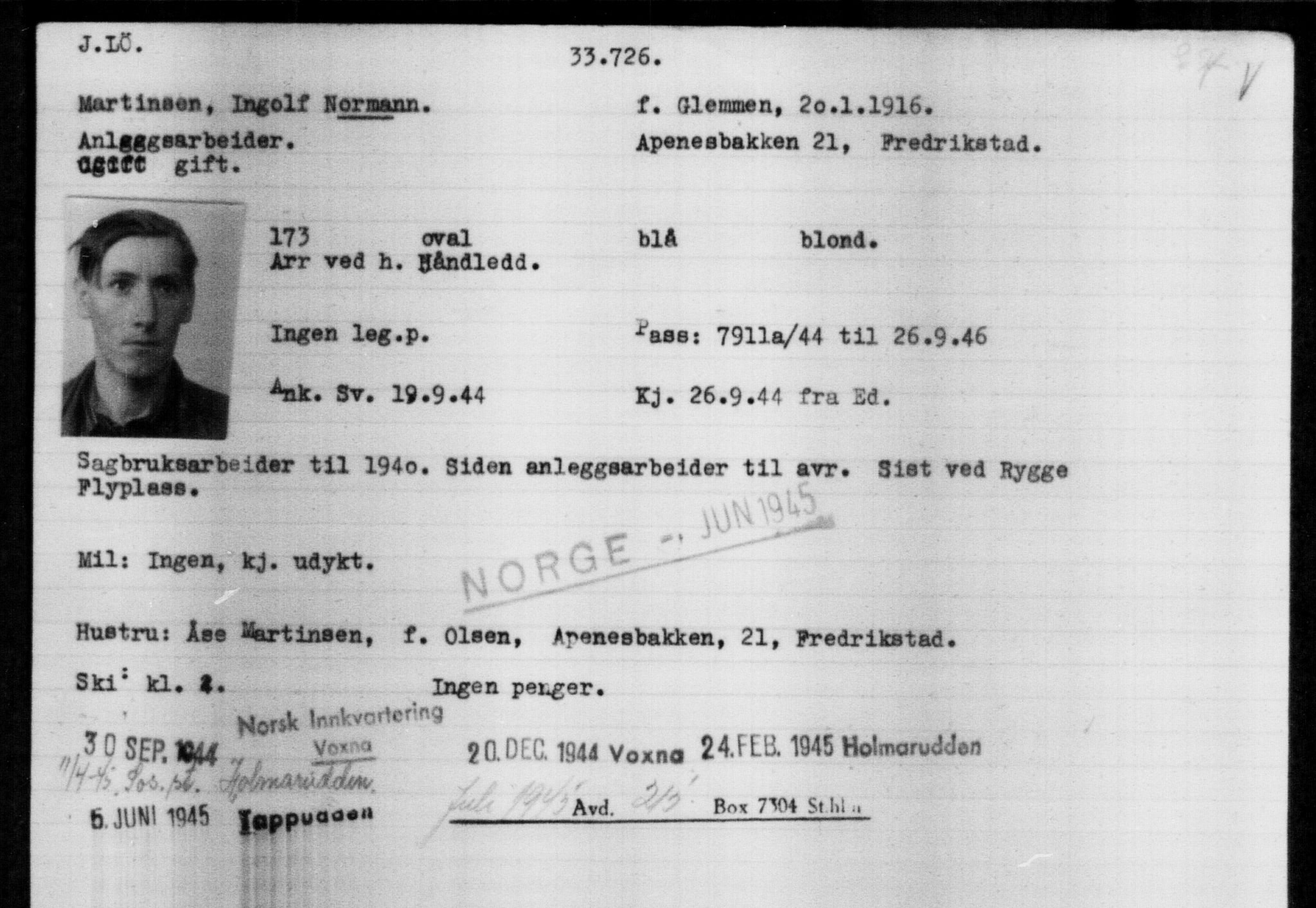 Utenriksstasjonene, Legasjonen i Stockholm, Flyktningkontoret, AV/RA-S-6753/V/Va/L0013: Kjesäterkartoteket, flyktninger med registreringsnr. 31500-34731, 1940-1945, p. 2349