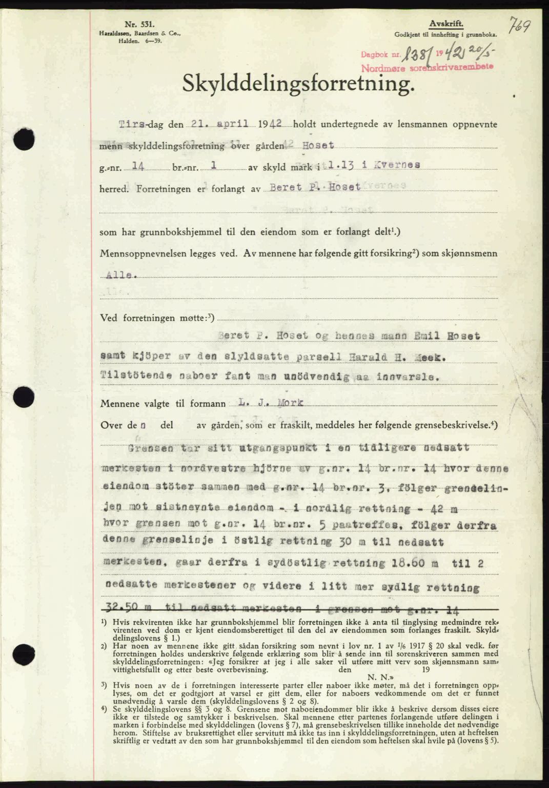 Nordmøre sorenskriveri, AV/SAT-A-4132/1/2/2Ca: Mortgage book no. A92, 1942-1942, Diary no: : 1381/1942