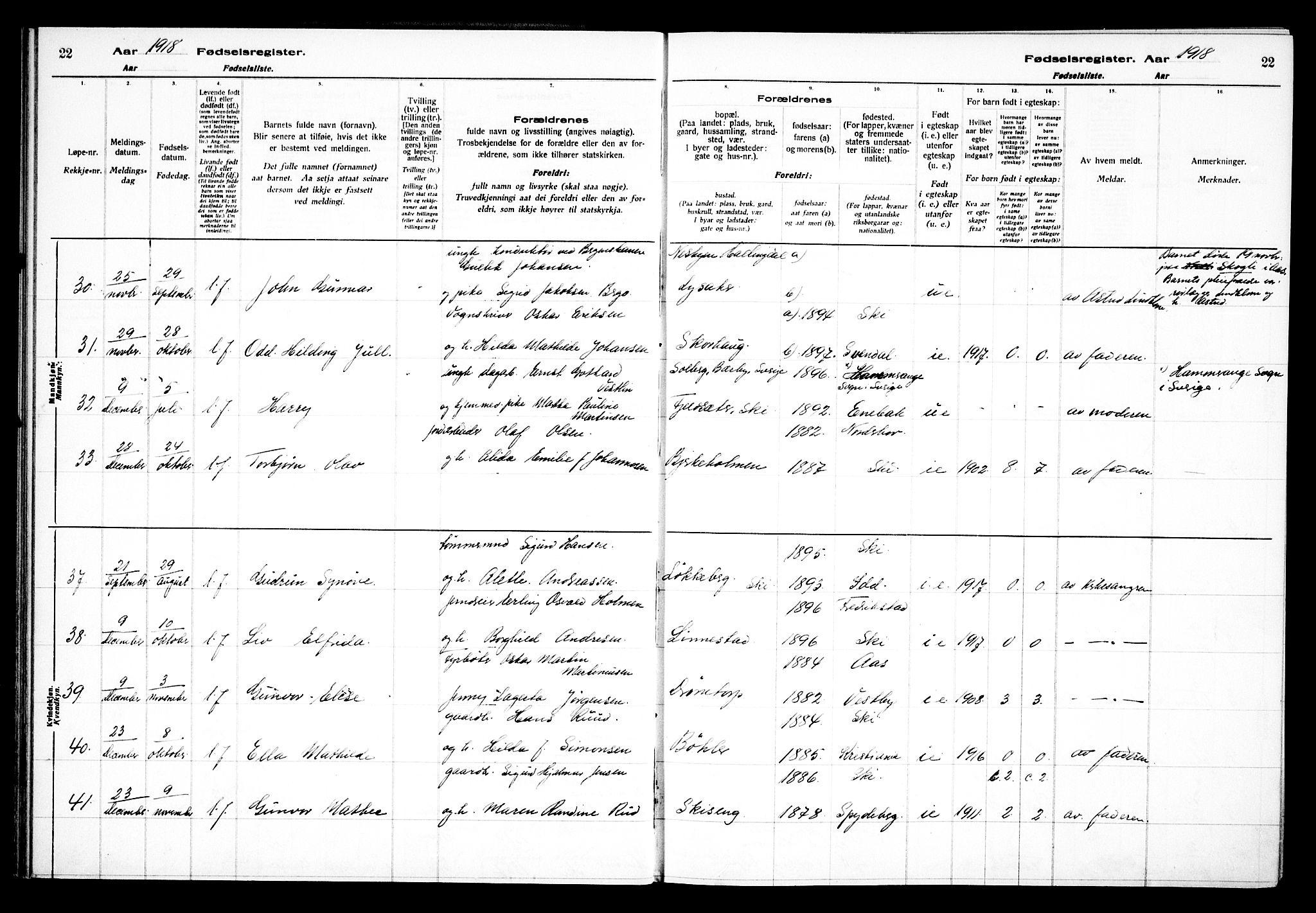 Kråkstad prestekontor Kirkebøker, AV/SAO-A-10125a/J/Jb/L0001: Birth register no. II 1, 1916-1936, p. 22