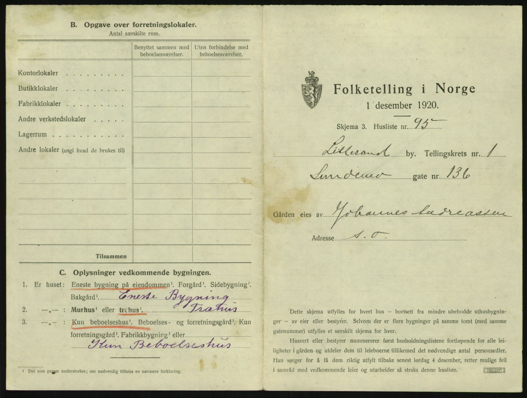 SAK, 1920 census for Lillesand, 1920, p. 219