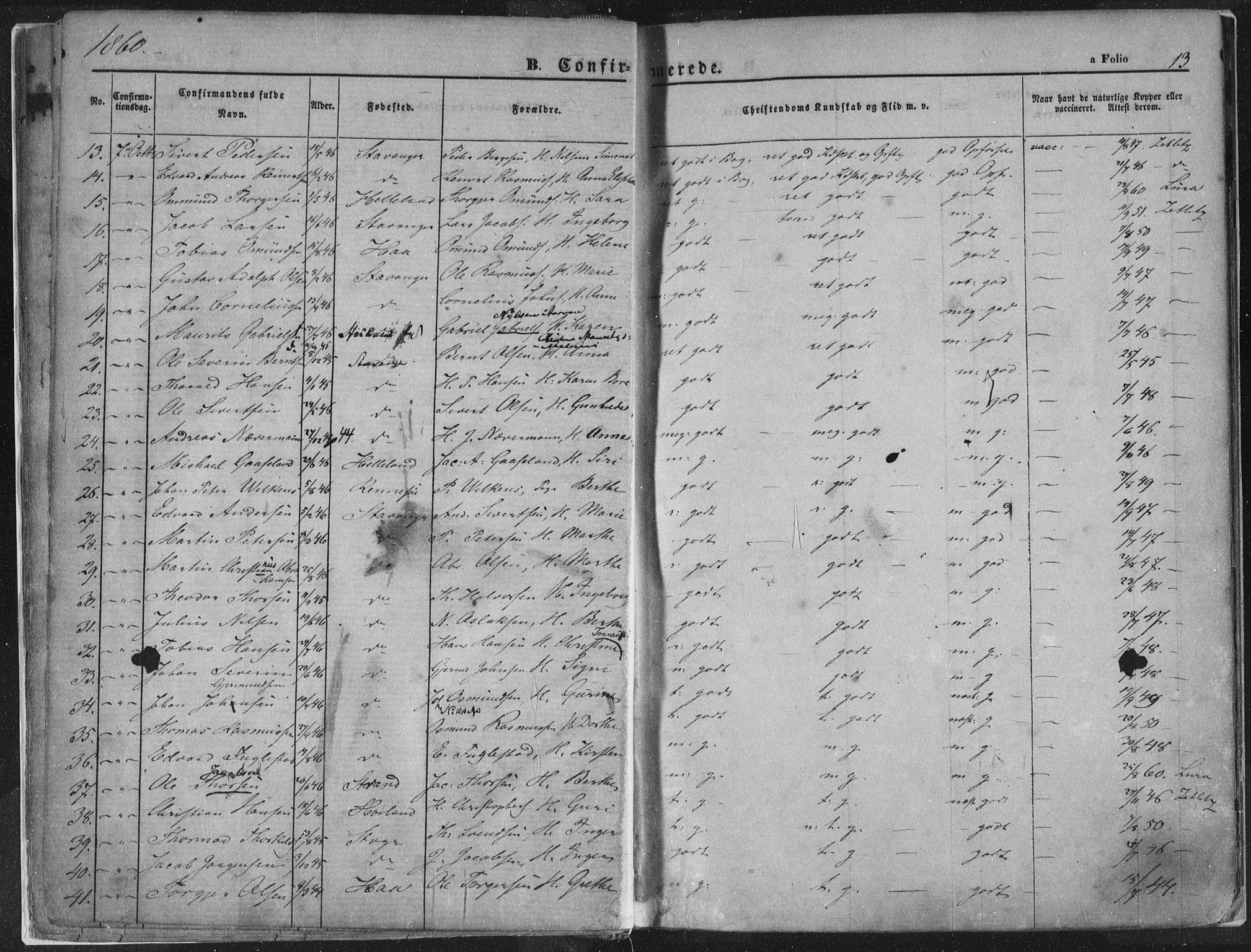 Domkirken sokneprestkontor, AV/SAST-A-101812/001/30/30BA/L0018: Parish register (official) no. A 17, 1857-1877, p. 13