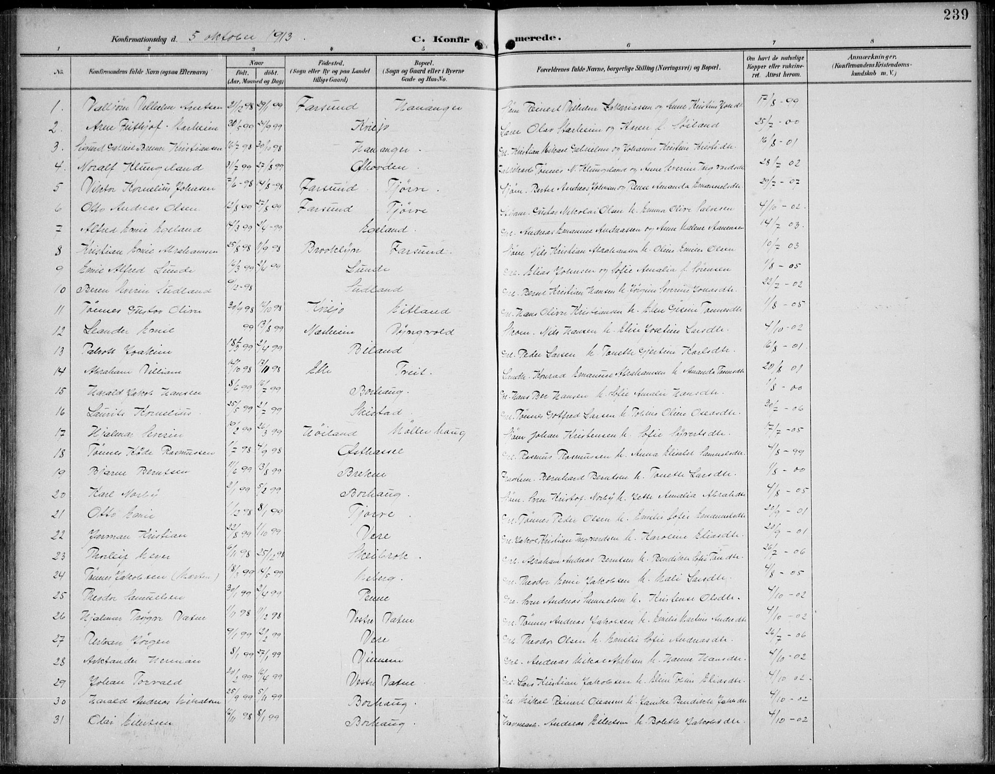 Lista sokneprestkontor, AV/SAK-1111-0027/F/Fb/L0005: Parish register (copy) no. B 5, 1892-1923, p. 239