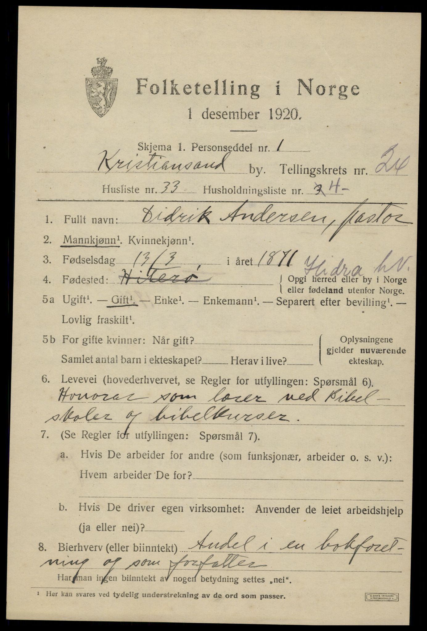 SAK, 1920 census for Kristiansand, 1920, p. 42789