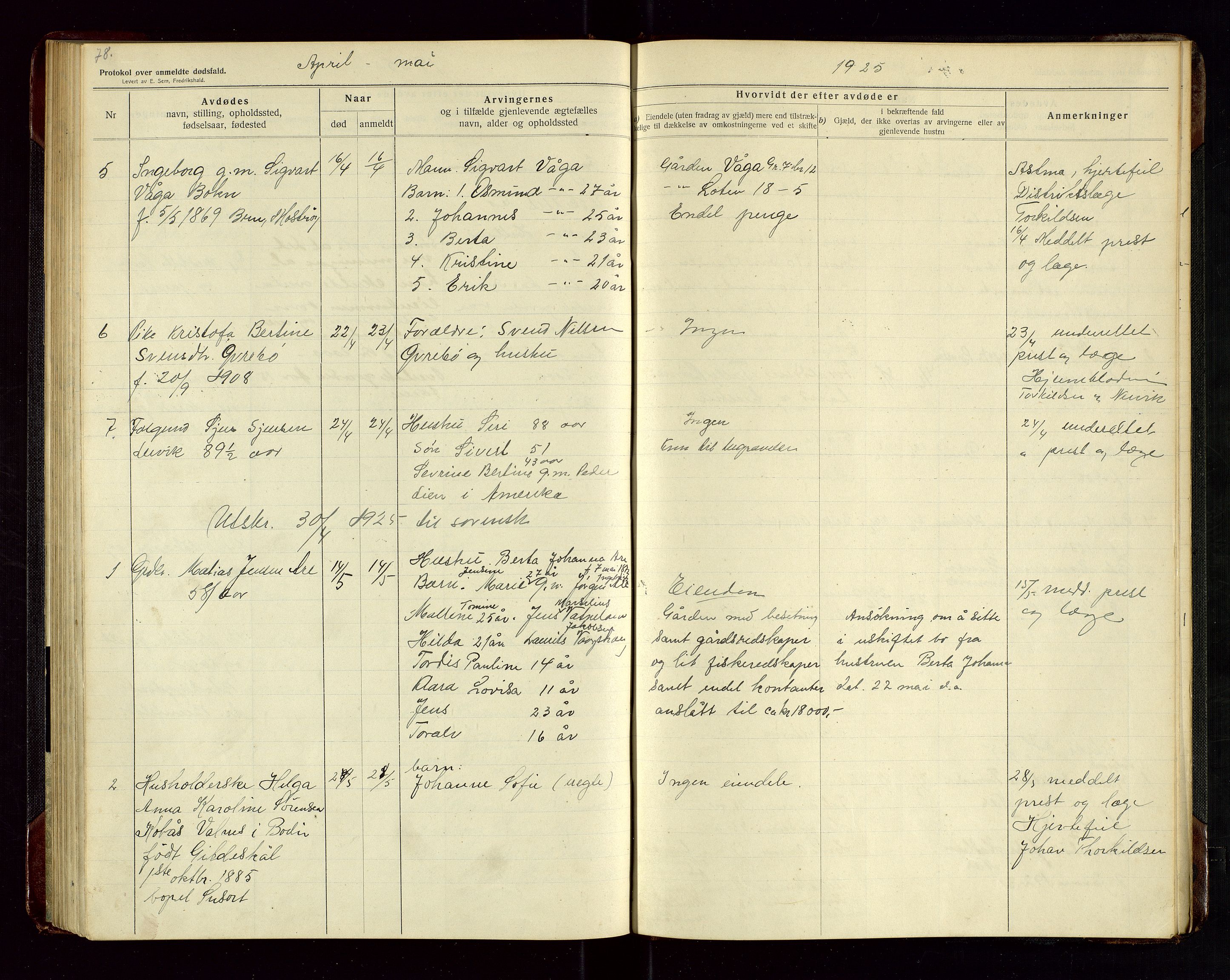 Tysvær lensmannskontor, AV/SAST-A-100192/Gga/L0003: "Protokol over anmeldte dødsfald i Tysvær" med register, 1916-1926, p. 78