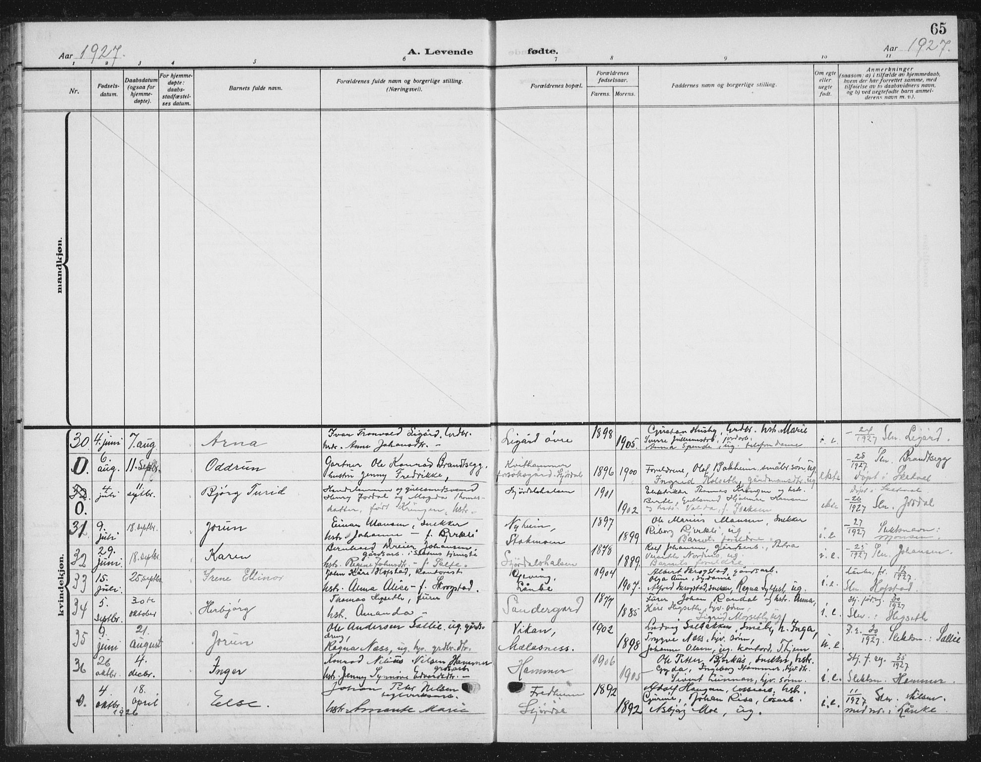 Ministerialprotokoller, klokkerbøker og fødselsregistre - Nord-Trøndelag, SAT/A-1458/709/L0088: Parish register (copy) no. 709C02, 1914-1934, p. 65