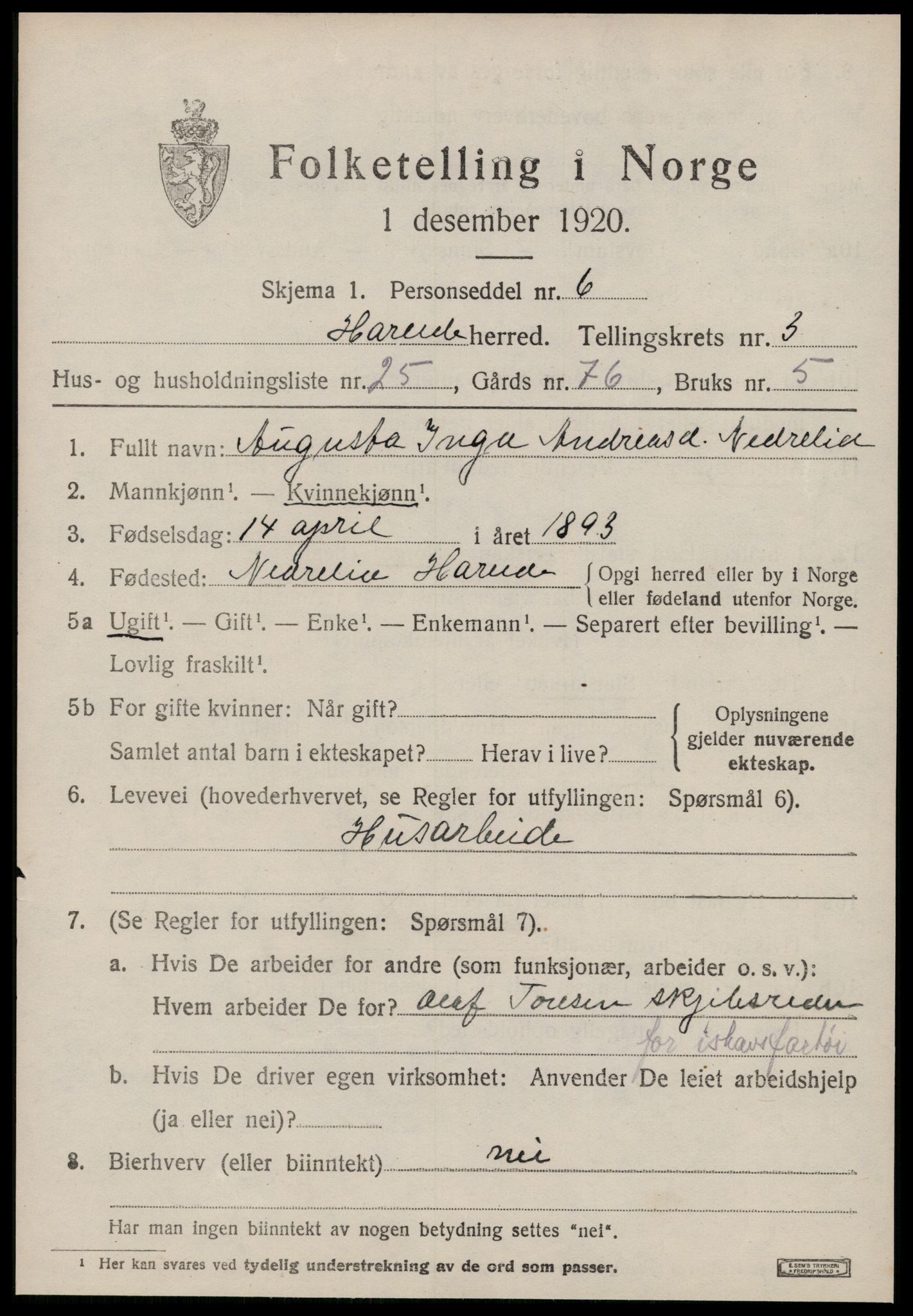 SAT, 1920 census for Hareid, 1920, p. 1679