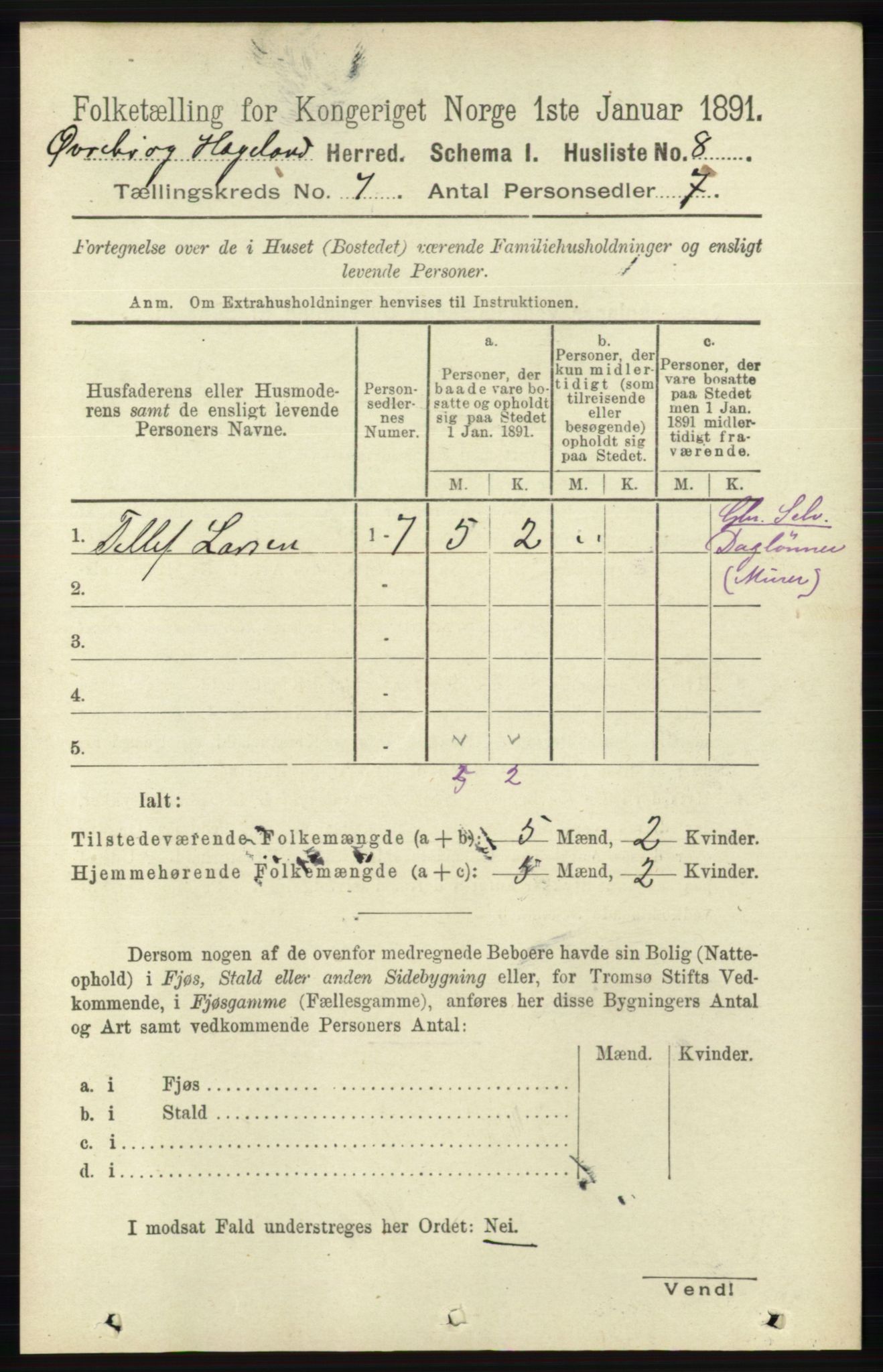 RA, 1891 census for 1016 Øvrebø og Hægeland, 1891, p. 1319