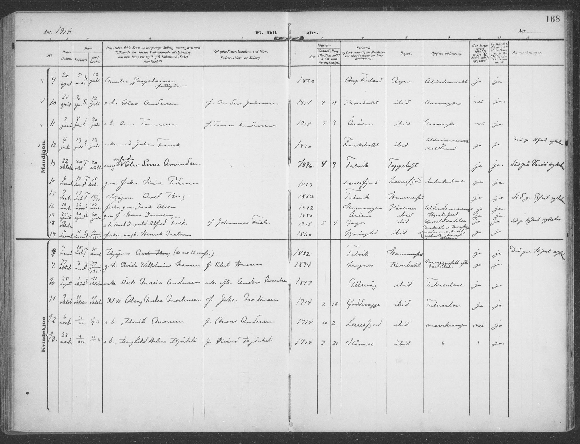 Talvik sokneprestkontor, SATØ/S-1337/H/Ha/L0017kirke: Parish register (official) no. 17, 1906-1915, p. 168
