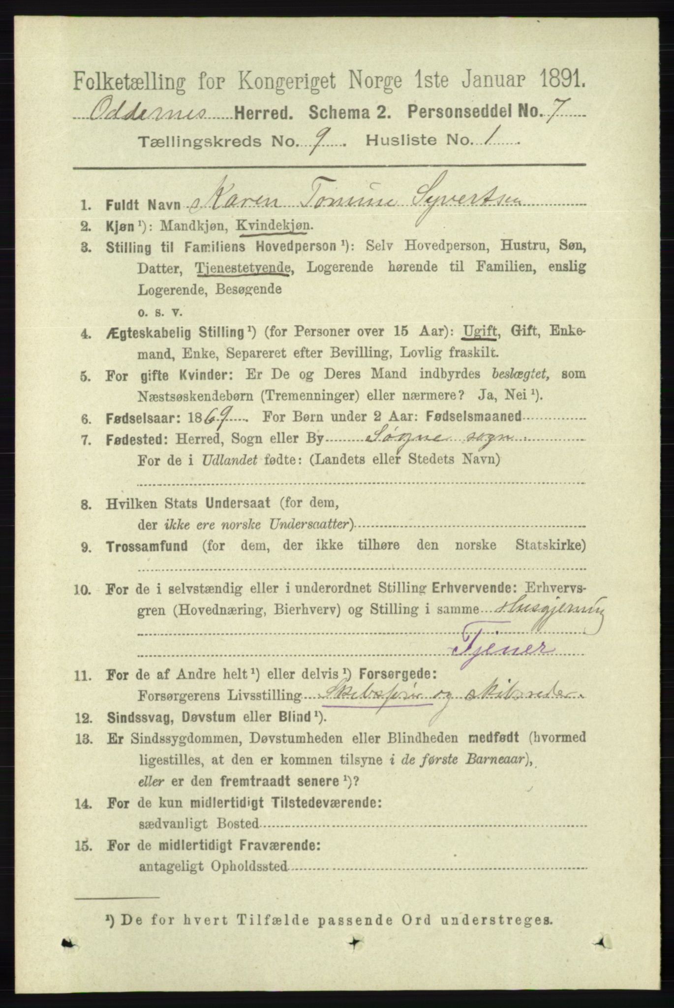 RA, 1891 census for 1012 Oddernes, 1891, p. 3267