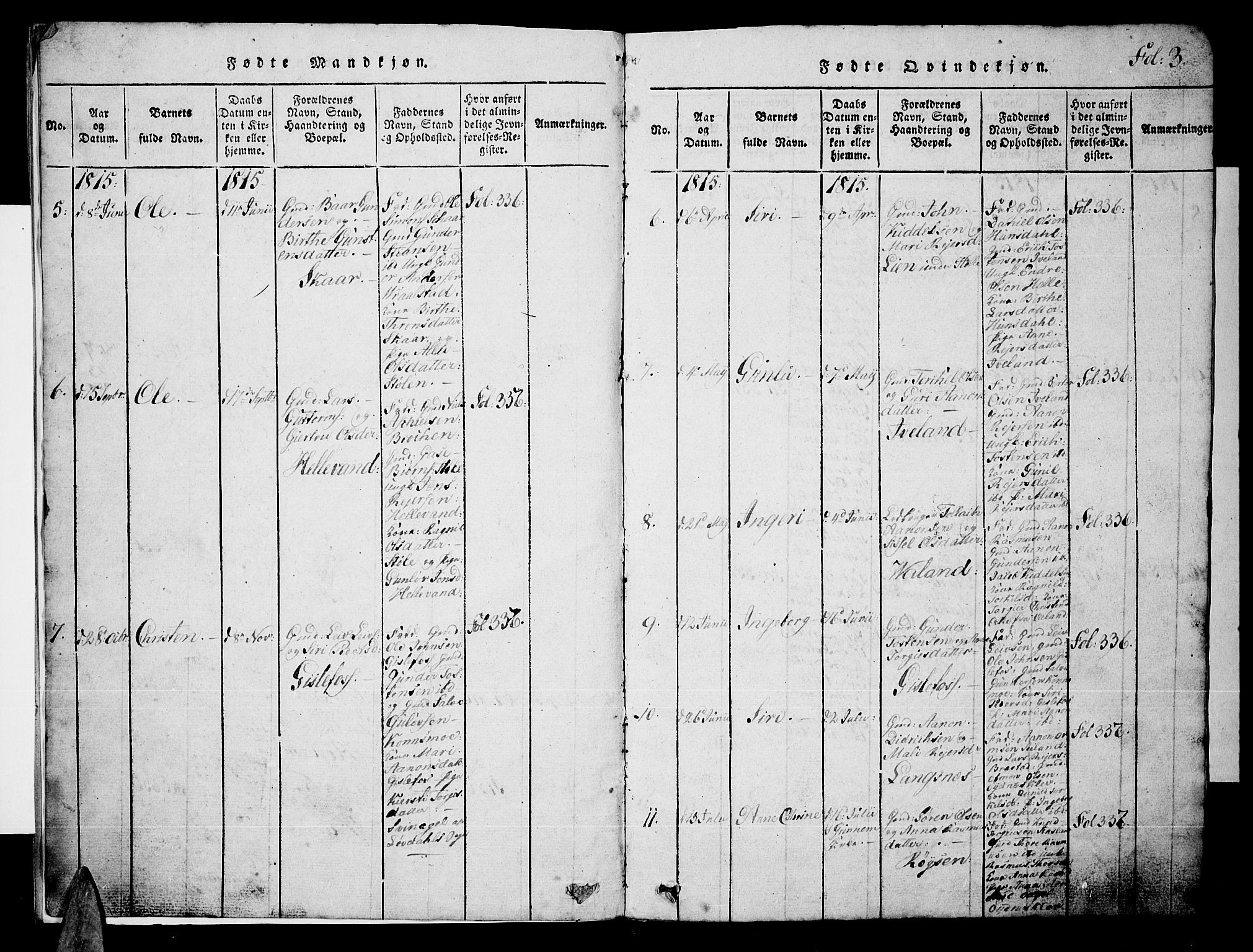 Nord-Audnedal sokneprestkontor, SAK/1111-0032/F/Fb/Fba/L0001: Parish register (copy) no. B 1, 1815-1856, p. 3
