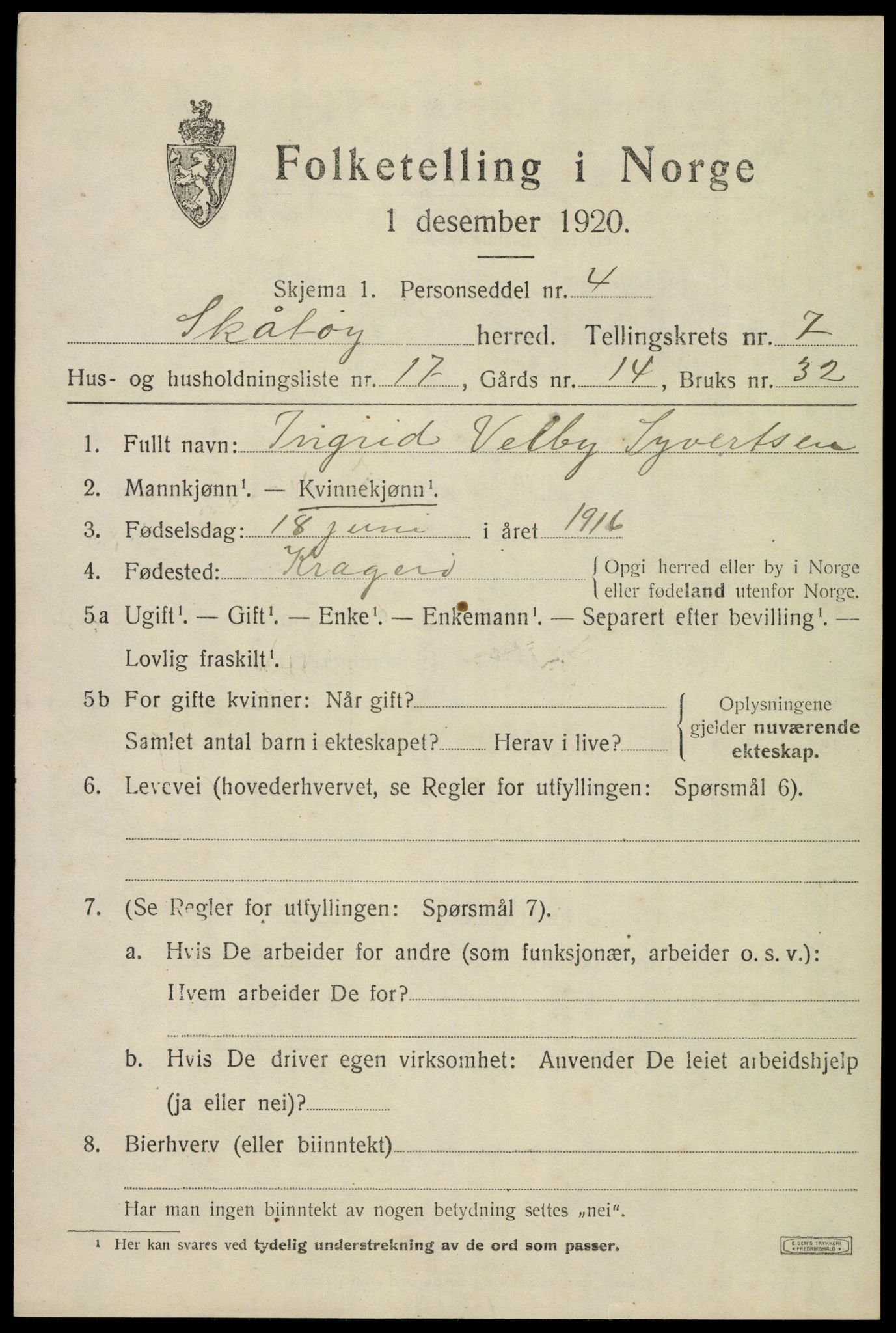 SAKO, 1920 census for Skåtøy, 1920, p. 5490