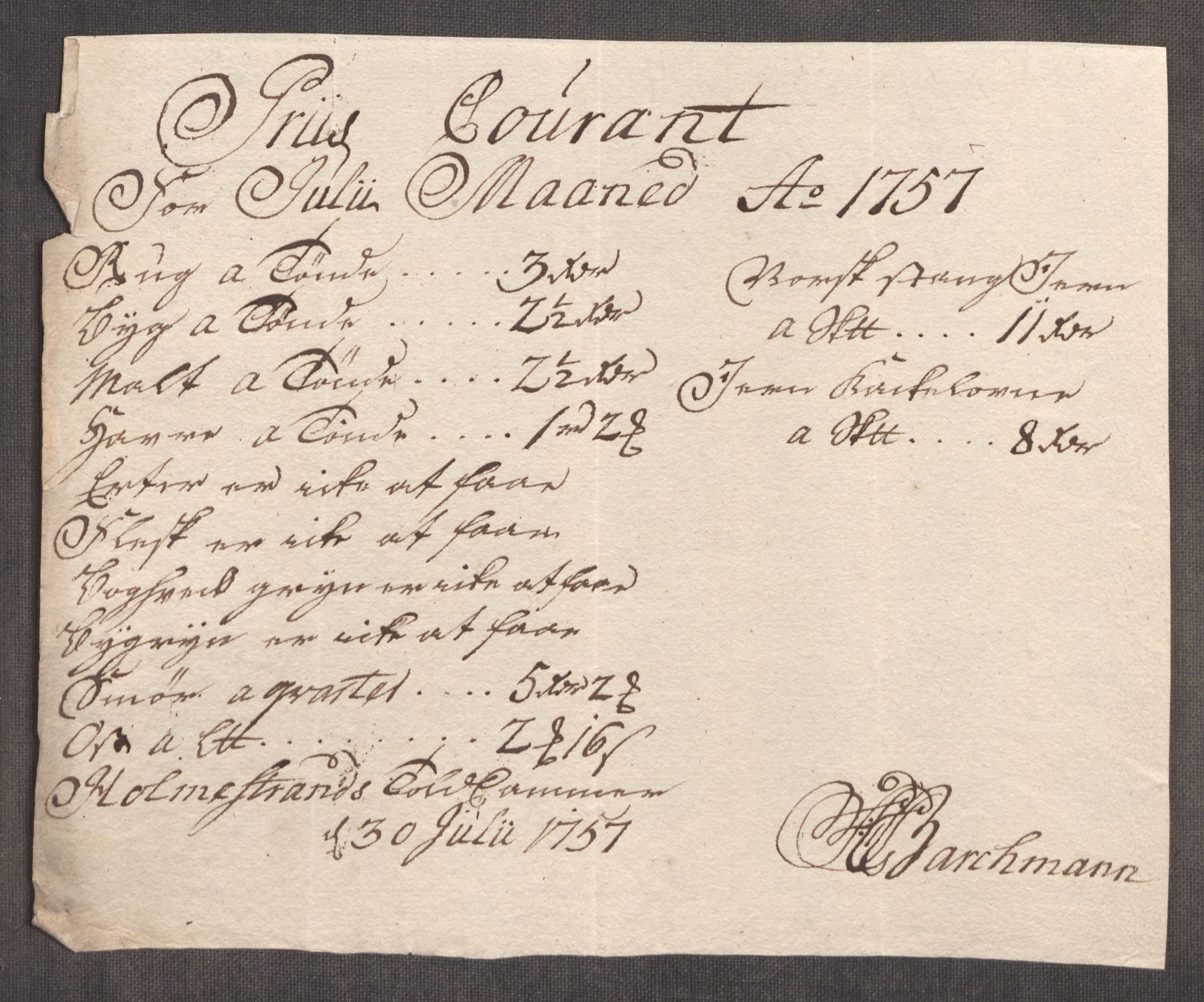 Rentekammeret inntil 1814, Realistisk ordnet avdeling, AV/RA-EA-4070/Oe/L0005: [Ø1]: Priskuranter, 1753-1757, p. 771