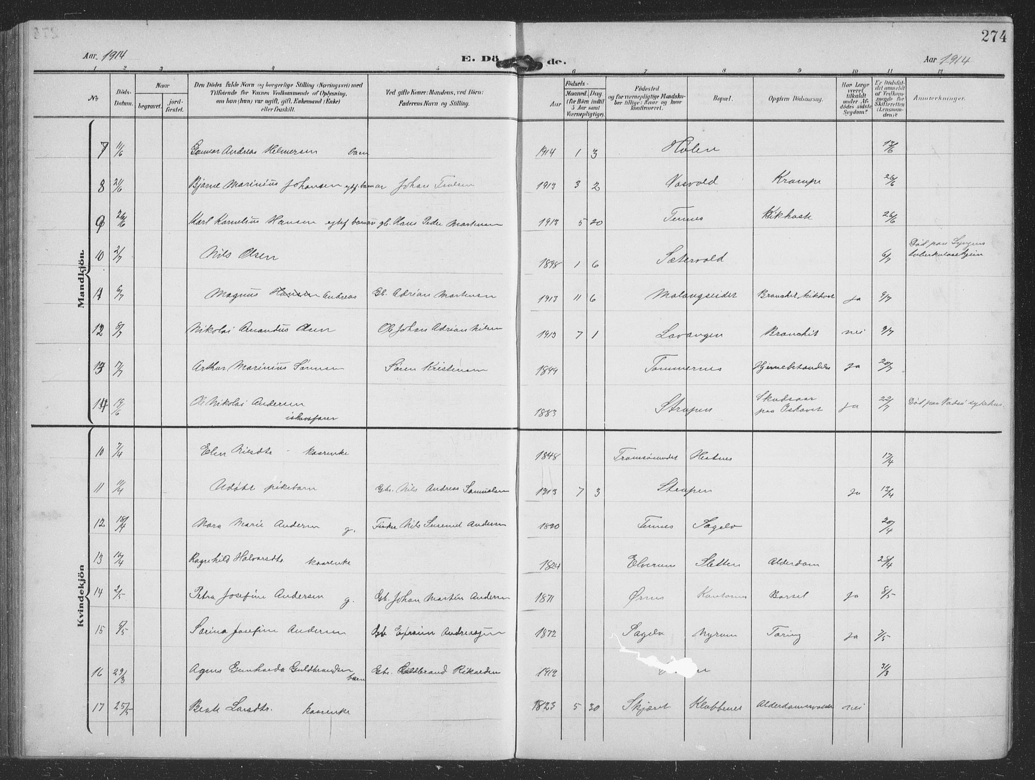 Balsfjord sokneprestembete, SATØ/S-1303/G/Ga/L0009klokker: Parish register (copy) no. 9, 1906-1920, p. 274