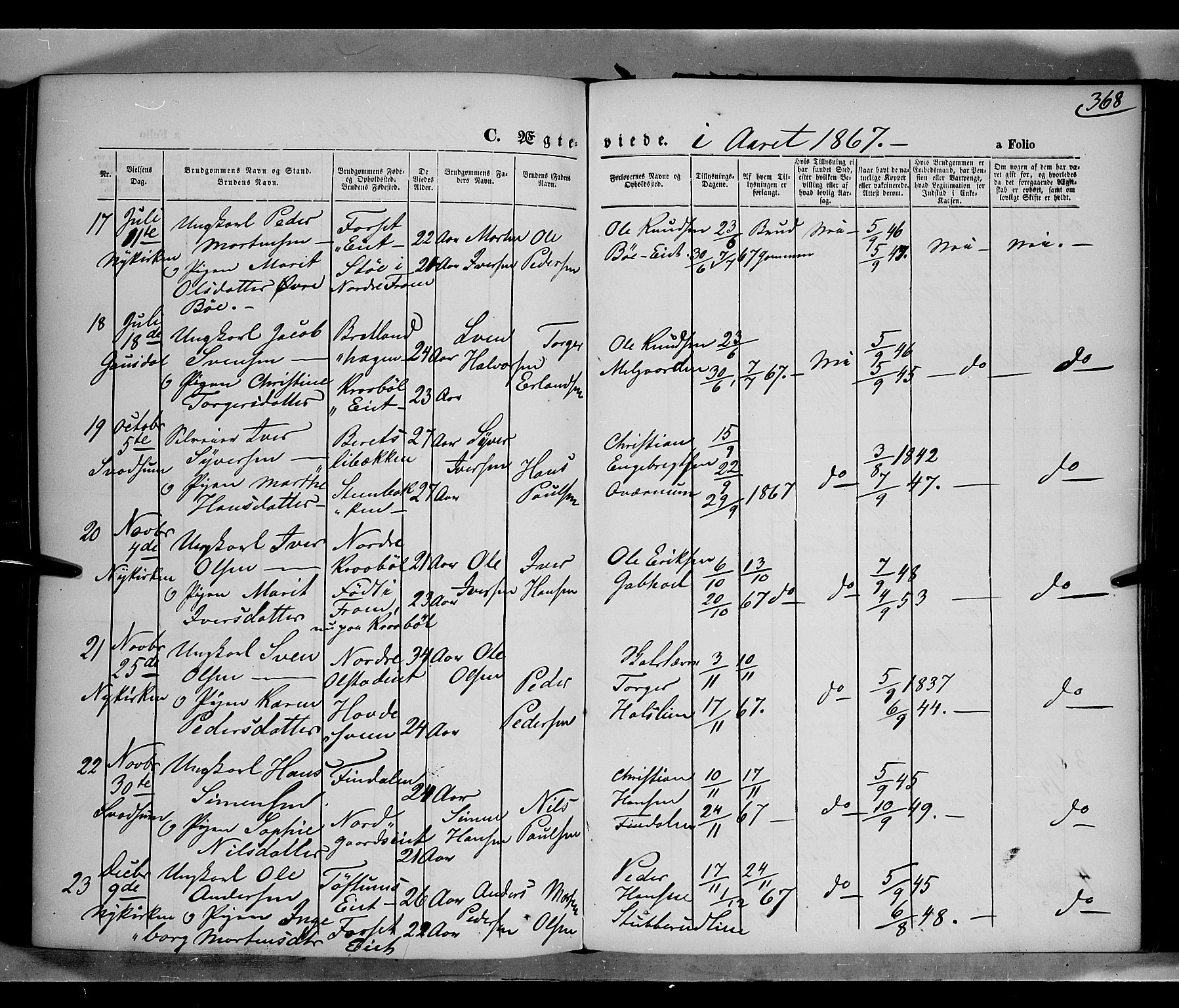 Gausdal prestekontor, SAH/PREST-090/H/Ha/Haa/L0009: Parish register (official) no. 9, 1862-1873, p. 368