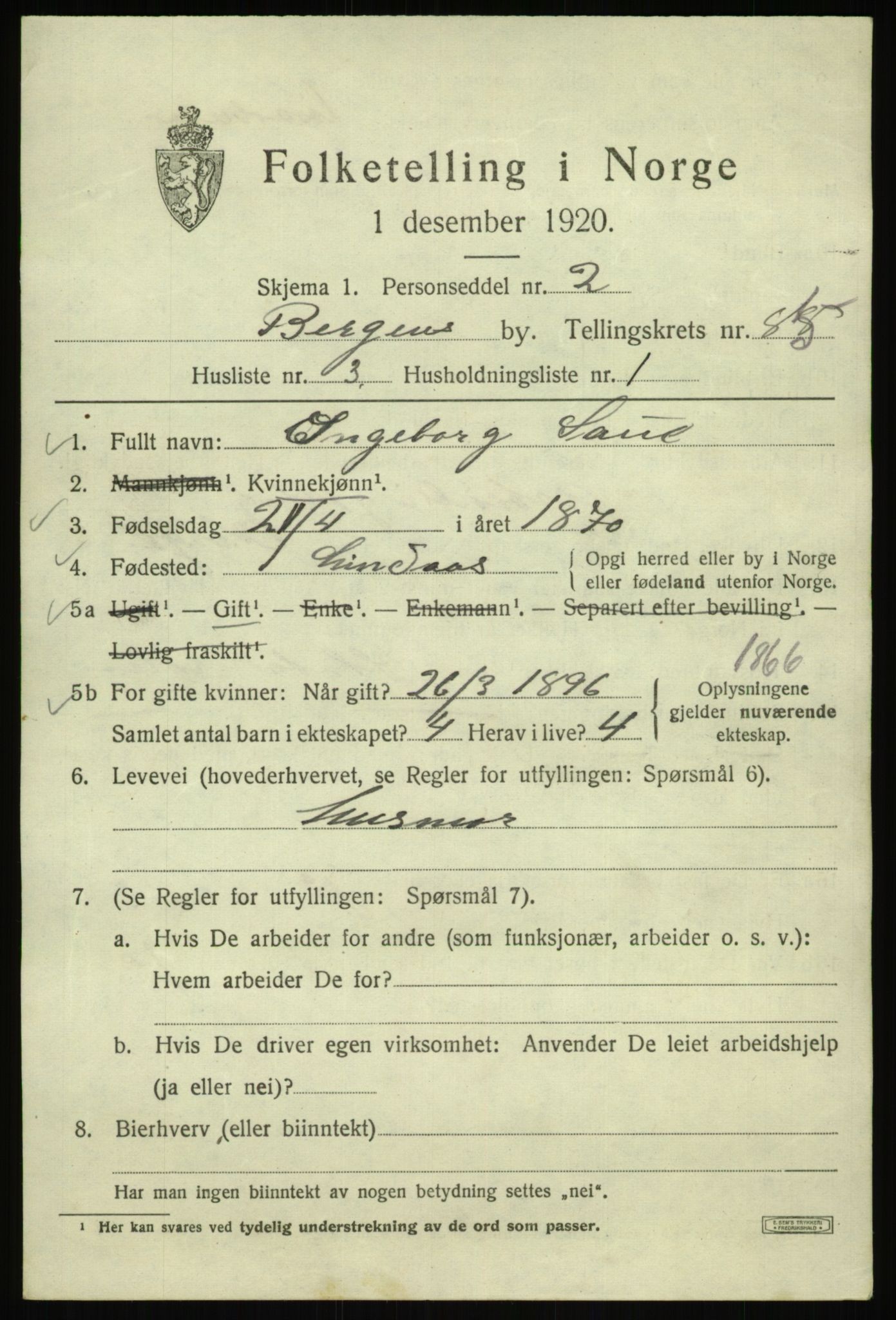 SAB, 1920 census for Bergen, 1920, p. 157075