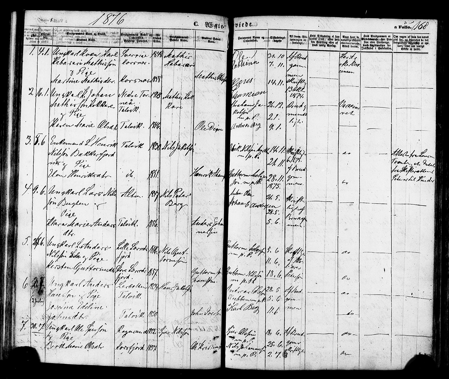Talvik sokneprestkontor, AV/SATØ-S-1337/H/Ha/L0011kirke: Parish register (official) no. 11, 1864-1877, p. 168