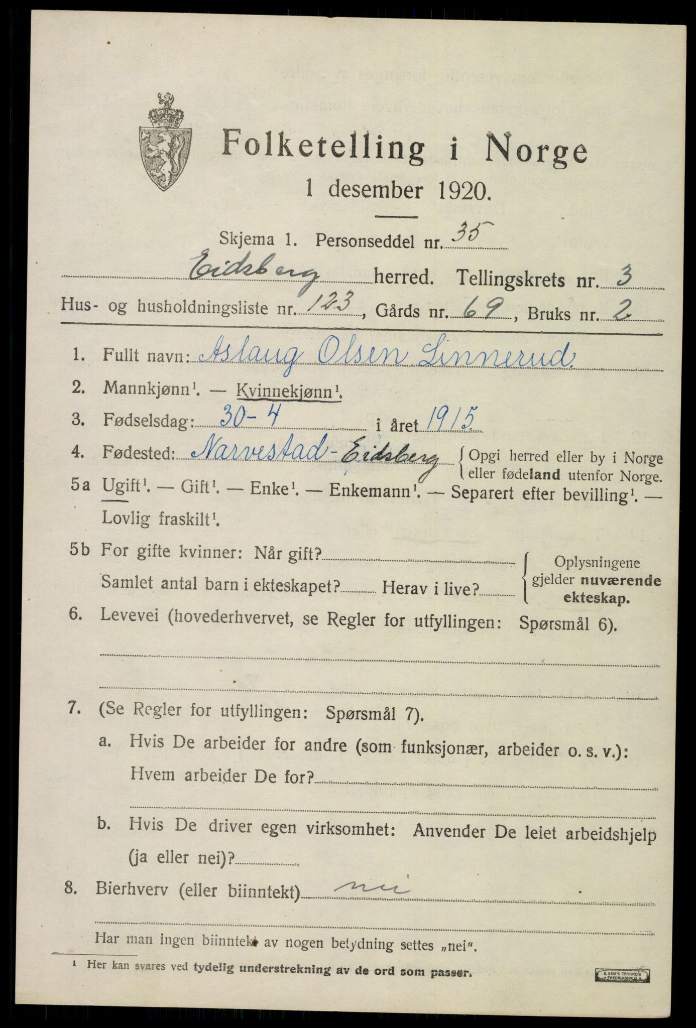 SAO, 1920 census for Eidsberg, 1920, p. 5721