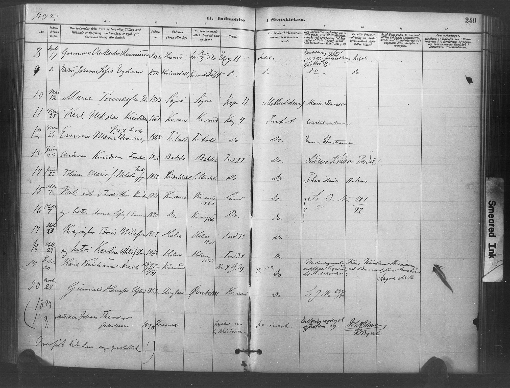 Kristiansand domprosti, AV/SAK-1112-0006/F/Fa/L0018: Parish register (official) no. A 17, 1880-1892, p. 249